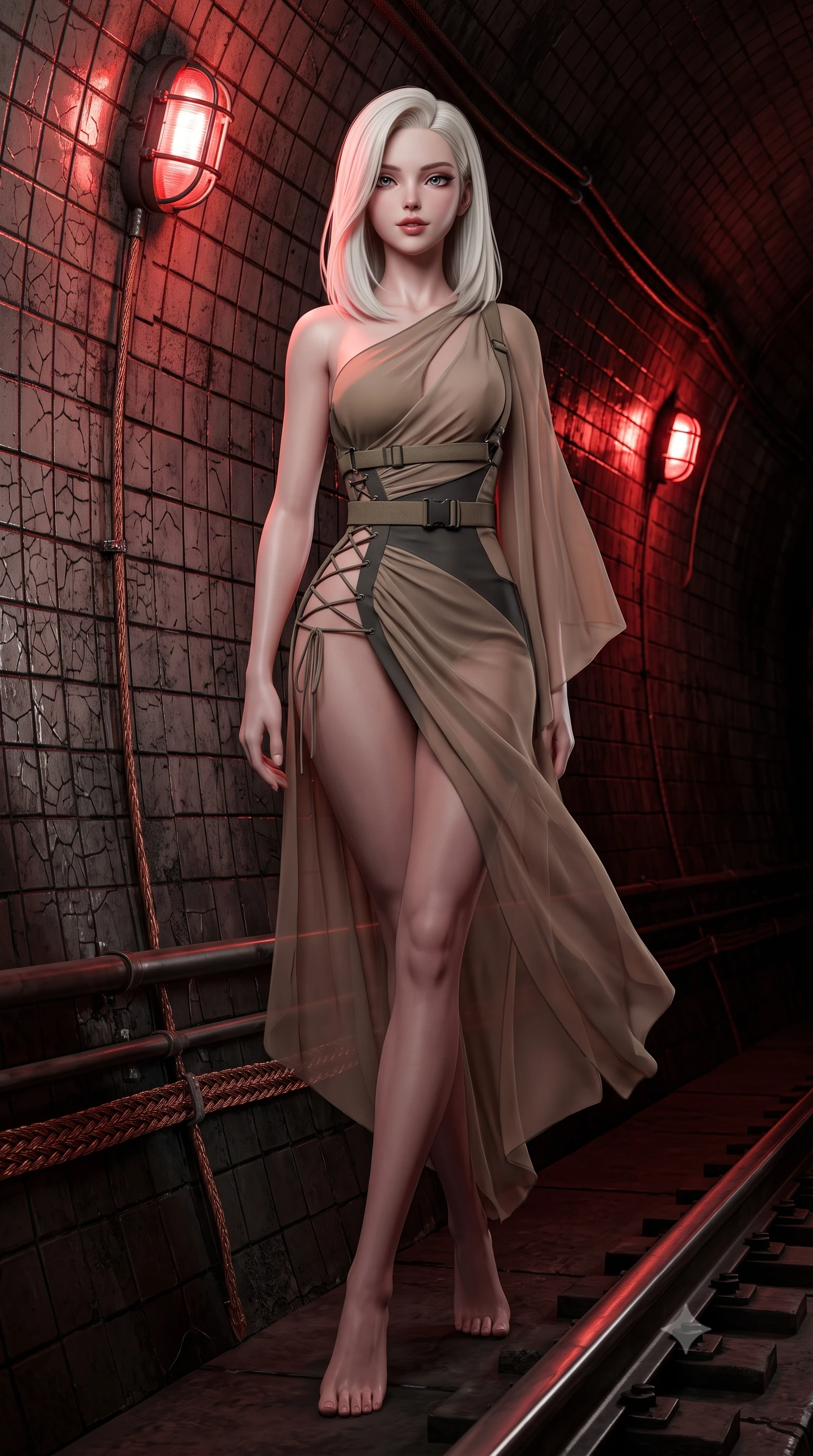 score_9, masterpiece, best quality, ultra-detailed, high-budget anime keyframe, semi-realistic 3D game render, editorial fashion photography, tasteful artistic composition, Caucasian woman. low angle full-body shot from head to toe showing her feet, filling the entire 9:16 vertical frame with her statuesque presence, stretching her vertical silhouette. stepping slowly toward the camera with hypnotic grace, hips swaying in an alluring sensual rhythm that accentuates her curvy hourglass silhouette and long slender legs while leaning against the weathered tiled tunnel wall with hips cocked back, looking into the darkness with an alluring, parted-lip smile. The surrounding environment is rendered in vivid detail and crisp panoramic clarity: sharp ceramic subway wall tile crazing, steel rail sheen, and braided conduit copper ground straps in deep focus. She has an absolutely perfect, statuesque 8.5-heads proportion, an exceptionally tall and slender model-like female figure with impossibly long slender legs, an ultra-slim waist, a flat toned midriff, narrow delicate ribcage, and beautifully sculpted feminine hips creating a graceful, slim hourglass silhouette without any bulky heaviness. sharp v-shaped jawline, high-bridge nose, sparkling eyes with hypnotic seductive depth, thick curled eyelashes, glossy parted lips with a natural dewy peach sheen, alluring bedroom-eyes with an enchanting coquettish smile, exuding magnetic siren charisma and sophisticated glamour, flawlessly proportioned anatomical accuracy, strict slender model proportions, natural body alignment, perfectly sculpted long slender limbs, ultra-slim waistline, clean dynamic posture without body distortion. wearing an asymmetric one-shoulder tactical compression mini dress with a dramatic hip-high slit and utility harness belt in tactical desert sand khaki and matte carbon grey, made of sheer gossamer chiffon that drapes softly against skin with airy translucence, finished with fine criss-cross lace-up side ties revealing tantalizing glimpses of her hip curve, the liquid-tight tailored fabric clinging flawlessly to her narrow waist and rounded feminine hips, emphasizing every millimeter of her sculpted slim hourglass curves without any bulky heaviness. bathed in rhythmic crimson strobe glow from industrial bulkhead wall fixtures. highly saturated vibrant anime colors, detailed shading with soft gradients, rich glossy textures, high-contrast stereoscopic depth, volumetric dynamic lighting, master piece, 9:16 ratio