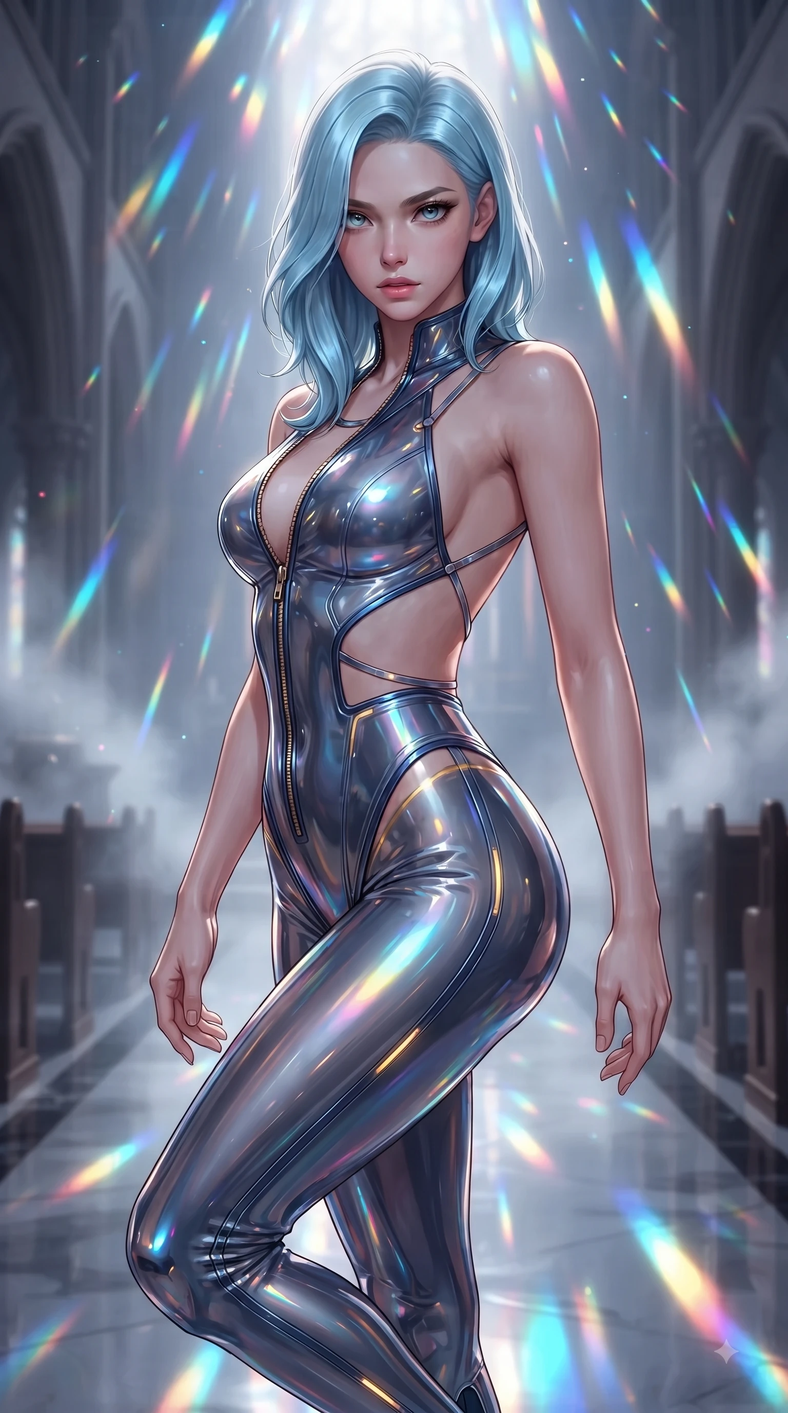 score_9, masterpiece, best quality, ultra-detailed, high-budget anime keyframe, editorial fashion photography, tasteful artistic composition, Korean woman. close-up cowboy shot from the waist and thighs up, the character dominates the composition, filling the frame with her large presence. gazing directly into the lens with bedroom eyes and a breathtaking, dangerous allure that commands the entire composition while landing gracefully on a polished cathedral aisle as prismatically refracted neon shards rain down. The composition keeps background elements in soft focus with creamy bokeh. holographic light beams and atmospheric fog softened by creamy shallow focus. She has an exceptionally elegant, slender, and willowy female figure with an ultra-slim waist, a gracefully sculpted slender torso, and a refined silhouette. sharp v-shaped jawline, high-bridge nose, intricate jewel-like eyes with depth, thick eyelashes, glossy lips with a natural sheen, flawlessly proportioned anatomical accuracy, natural body alignment, perfectly sculpted elegant limbs, clean dynamic posture without body distortion. wearing a liquid chrome micro-bodysuit sculpted tightly to her figure, featuring razor-thin metallic straps and an open back in midnight sapphire blue and glowing gold filaments, tailored from semi-translucent cybernetic vinyl with glowing micro-filaments, featuring a dangerously unzipped neckline framed by glowing cybernetic accents, the daring cutouts accentuating her delicate midriff, graceful collarbones, and feminine contour. backlit by intense multi-colored neon light rays and volumetric dawn light filtering through fog. ultra-reflective glossy finish, specular highlights, metallic sheen, high-contrast stereoscopic depth, volumetric dynamic lighting, 2k, ultra detail, master piece, 9:16 ratio