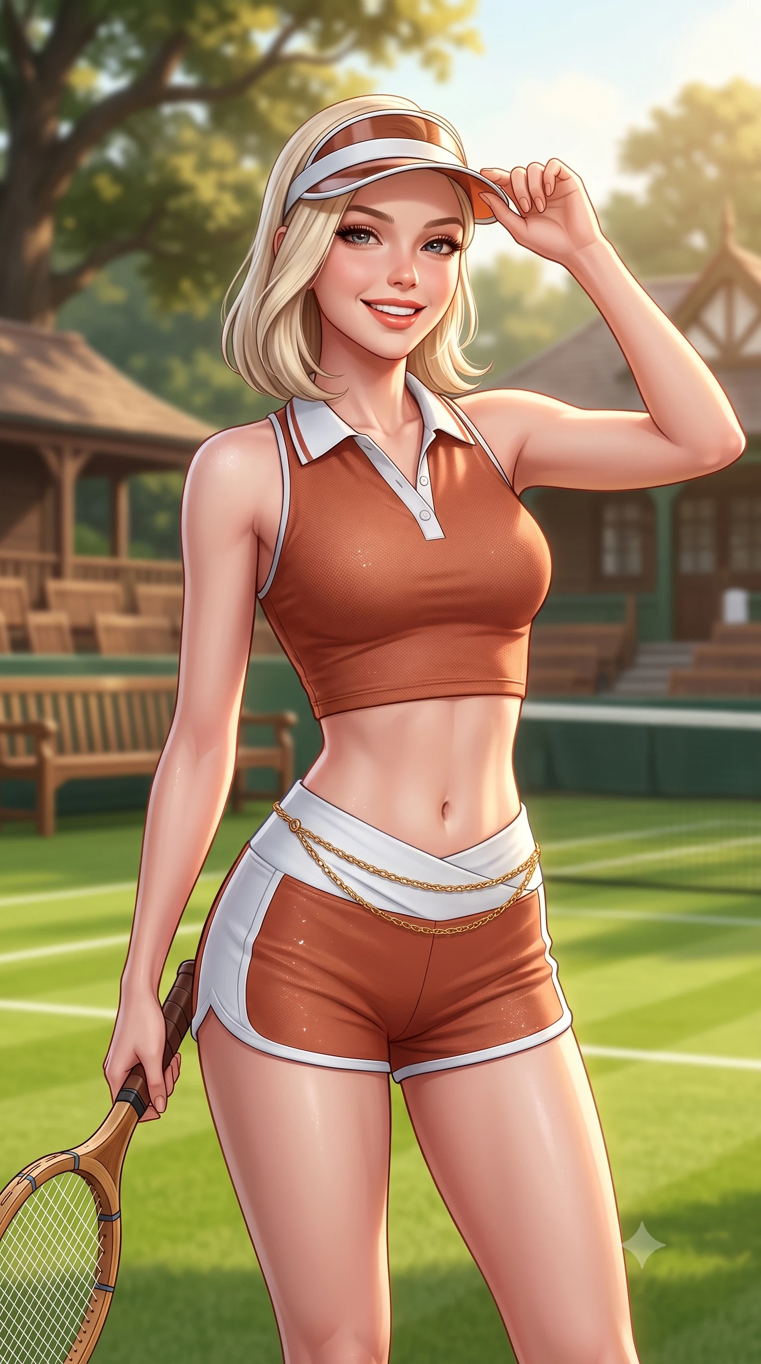 score_9, masterpiece, best quality, ultra-detailed, high-budget anime keyframe, semi-realistic 3D game render, editorial fashion photography, tasteful artistic composition, Caucasian woman. close-up cowboy shot from the waist and thighs up, the character dominates the composition, filling the frame with her large presence. tilting her head with a cute beaming smile while arching her spine with athletic poise, one hand adjusting her racing visor in a flirtatious S-curve while standing in the center of the manicured pristine grass court with a vintage wooden racket in hand, arching her back with timeless aristocratic poise. The background shows a soft-focus classic wooden court seating and members' club pavilions softened in historic British country club shallow focus. She has an exceptionally elegant, slender, and willowy female figure with an ultra-slim waist, flat toned midriff, narrow ribcage, and sculpted feminine hips creating an alluring, slim hourglass silhouette without bulk. sharp v-shaped jawline, high-bridge nose, sparkling eyes with athletic focus and depth, thick curled eyelashes, glossy parted lips with a natural coral-peach sheen, bright confident and coquettish smile with alluring bedroom-eyes, exuding both youthful sporty vigor and sovereign high-society glamour, flawlessly proportioned anatomical accuracy, strict slender model proportions, natural body alignment, perfectly sculpted long slender limbs, ultra-slim waistline, clean dynamic posture without body distortion. wearing a sleek piqué-knit tennis polo crop top with contrasting collar piping paired with low-rise white racing hot-pants in classic clay-court terracotta and cloud white, woven from metallic lurex and technical nylon with subtle starlight glints, accented with a delicate gold chain belt resting loosely on her curvy hips, the high-waisted wrap tailoring accentuating her ultra-slim waistline and the enchanting curve of her feminine hips with alluring sporty charm. bathed in soft warm English afternoon sunlight filtering through stately oak trees. highly saturated vibrant anime colors, detailed shading with soft gradients, rich glossy textures, high-contrast stereoscopic depth, volumetric dynamic lighting, master piece, 9:16 ratio