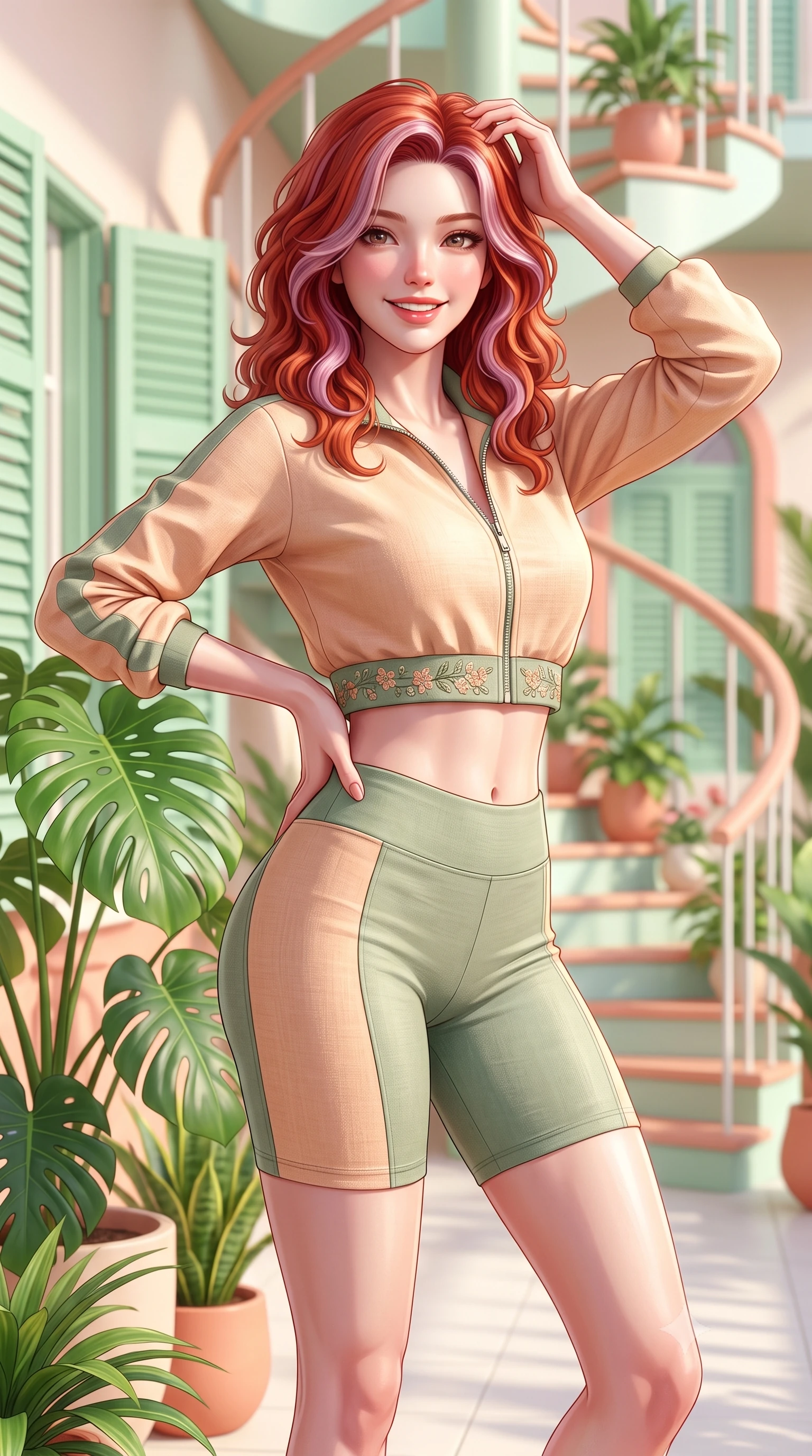 score_9, masterpiece, best quality, ultra-detailed, high-budget anime keyframe, semi-realistic 3D game render, editorial fashion photography, tasteful artistic composition, Caucasian woman. close-up cowboy shot from the waist and thighs up, the character dominates the composition, filling the frame with her large presence. twisting her slender torso in an alluring contrapposto stance, one hand resting on her sculpted hip while flashing a radiant, playful smile with parted glossy lips while standing poised beside giant potted monsteras on the sunlit terrace, twisting her slender torso in an alluring contrapposto stance. The composition keeps background elements in soft focus with dreamy creamy bokeh. curved art deco spiral staircases, pastel green window shutters, and lush potted tropical foliage blurred into mint, coral, and cream bokeh. She has an exceptionally elegant, slender, and willowy female figure with an ultra-slim waist, flat toned midriff, narrow ribcage, and sculpted feminine hips creating an alluring, slim hourglass silhouette without bulk. sharp v-shaped jawline, high-bridge nose, intricate jewel-like sparkling eyes with depth, thick eyelashes, glossy parted lips with a natural peach sheen, bright cheerful beaming smile with an enchanting and coquettish sensual glint, exuding both youthful cute charm and seductive allure, flawlessly proportioned anatomical accuracy, strict slender model proportions, natural body alignment, perfectly sculpted long slender limbs, ultra-slim waistline, clean dynamic posture without body distortion. wearing a sporty chic zip-up crop jacket paired with high-waisted biker shorts clinging to her athletic hips in soft apricot and sage green, crafted from soft breathable linen with effortless natural drape, complemented by delicate embroidered floral trim along the hem, the glove-like silhouette tightly following the natural contour of her hips and long slender legs with youthful 8.5-heads elegance. illuminated by soft wall bounce light sharply sculpting her razor-sharp jawline, narrow waist, and curvy hips. highly saturated vibrant anime colors, detailed shading with soft gradients, rich glossy textures, high-contrast stereoscopic depth, volumetric dynamic lighting, master piece, 9:16 ratio