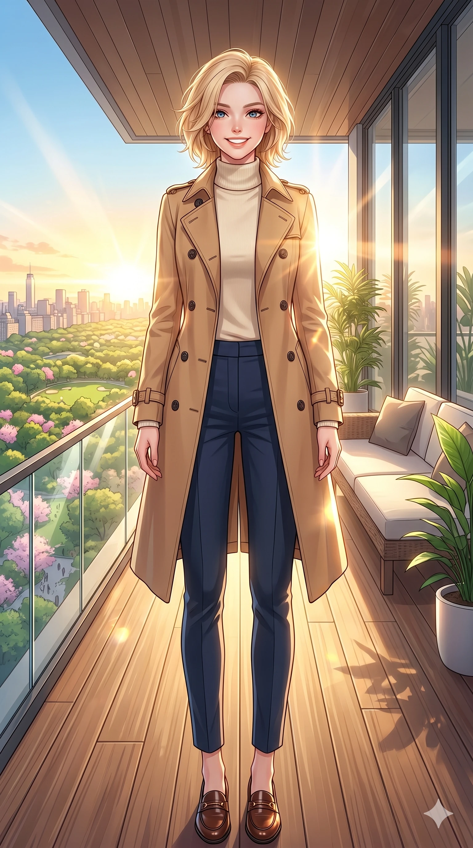score_9, masterpiece, best quality, ultra-detailed, high-budget anime keyframe, vibrant anime aesthetic, Caucasian woman, strictly human ears. low angle full-body shot from head to toe showing her feet, filling the entire 9:16 vertical frame with her statuesque presence, stretching her vertical silhouette. She is standing in a cheerful pose, smiling brightly at the camera with sparkling eyes inside a sun-drenched penthouse terrace overlooking a blooming city park at sunrise (Code-P20-001). She has an absolutely perfect 8-heads proportion, an exceptionally tall and slender female figure with impossibly long slender legs and an ultra-slim waist. V-shaped jawline, high-bridge nose, intricate jewel-like eyes with depth, thick eyelashes, glossy lips with a natural sheen. wearing a classic trench coat over a high-neck cashmere sweater and tailored trousers. She is bathed in brilliant, warm morning sunbeams creating sharp highlights on her form. 2k, ultra detail, master piece, 9:16 ratio