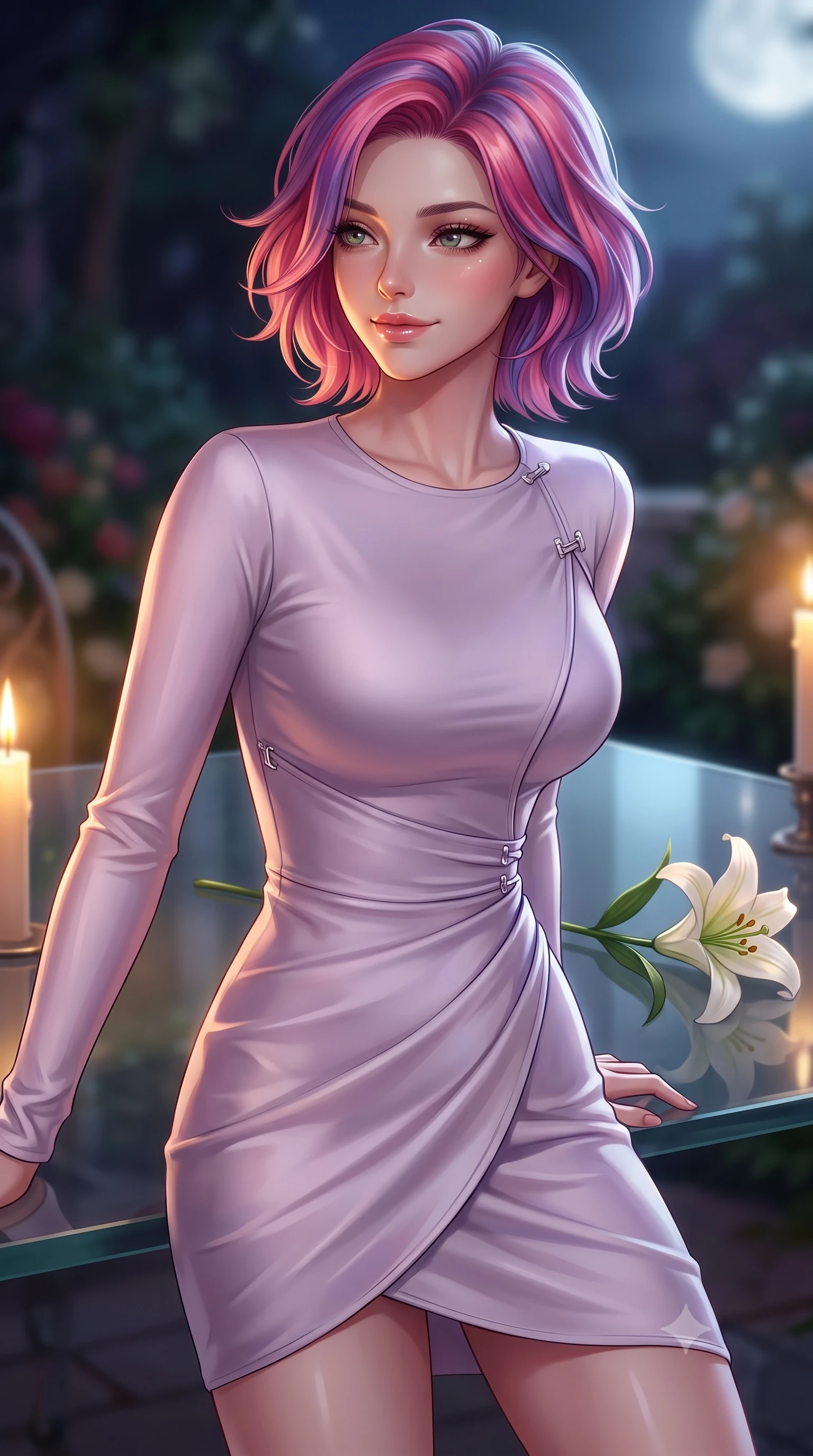 score_9, masterpiece, best quality, ultra-detailed, high-budget anime keyframe, editorial fashion photography, tasteful artistic composition, Caucasian woman. close-up cowboy shot from the waist and thighs up, the character dominates the composition, filling the frame with her large presence, background elements kept in soft focus. gazing past the camera with a dreamy, sensual smile, her face illuminated by warm candlelight set against a soft-focus background of inside an exclusive moonlit garden terrace with a single long-stemmed white lily resting against a polished glass surface. She has an exceptionally elegant, slender, and willowy female figure with an ultra-slim waist, a gracefully sculpted slender torso, and a refined silhouette. sharp v-shaped jawline, high-bridge nose, intricate jewel-like eyes with depth, thick eyelashes, glossy lips with a natural sheen. wearing body-hugging pale lavender matte silk sleek long-sleeve silk wrap dress contouring her ultra-slim waist elegantly accented with delicate silver hardware. bathed in warm golden hour sunbeams that cast long, romantic shadows across the floor. highly saturated vibrant anime colors, detailed shading with soft gradients, rich glossy textures, high-contrast stereoscopic depth, volumetric dynamic lighting, master piece, 9:16 ratio