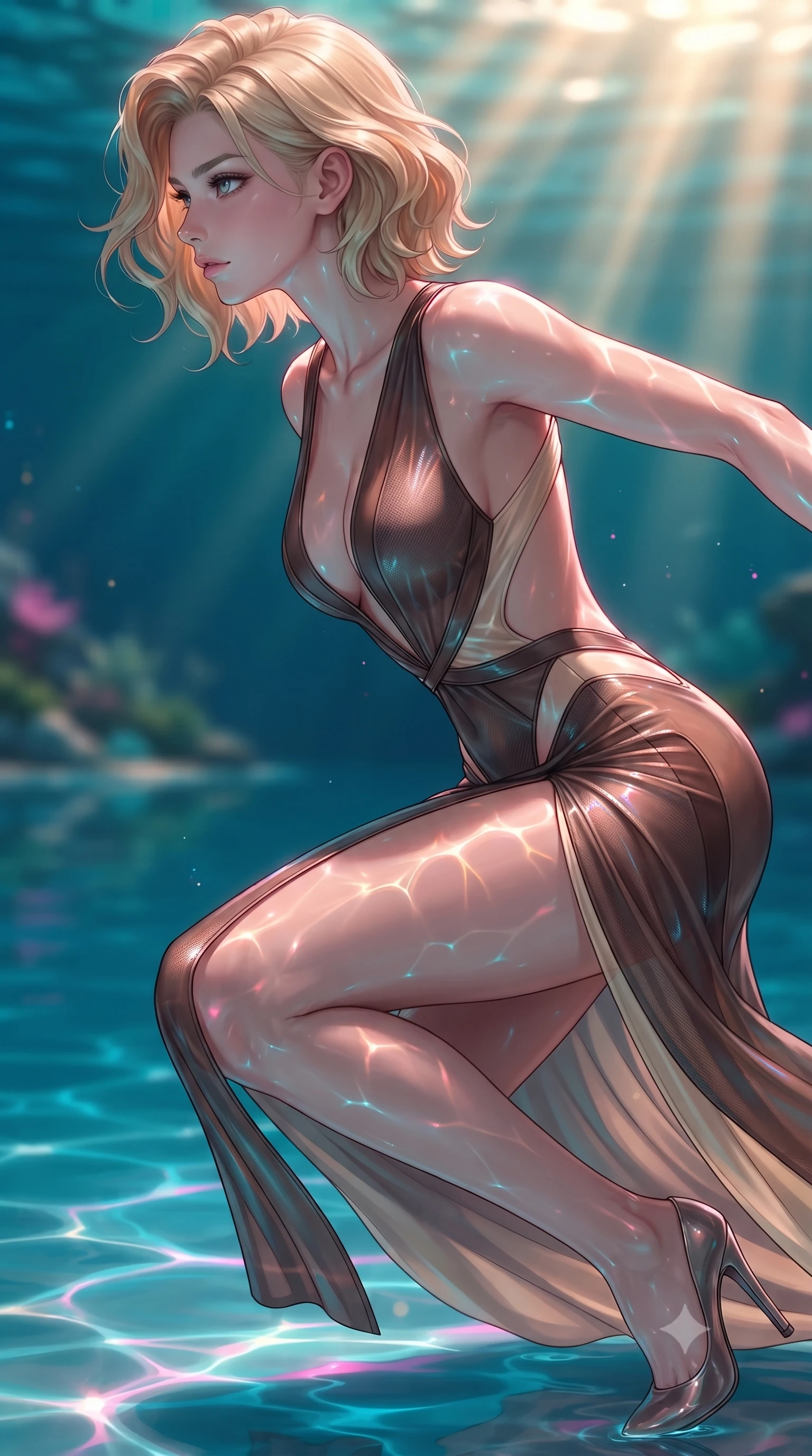 score_9, masterpiece, best quality, ultra-detailed, high-budget anime keyframe, editorial fashion photography, tasteful artistic composition, Caucasian woman. close-up cowboy shot from the waist and thighs up, the character dominates the composition, filling the frame with her large presence, background elements kept in soft focus. Turning her face in sharp profile while her upper body leans forward with poised athletic grace while gliding dynamically over a mirror-like lagoon floor as neon ripples dance across her form, intense golden sunbeams penetrating deep turquoise water creating caustic light ripples. She has an exceptionally elegant, slender, and willowy female figure with an ultra-slim waist, a gracefully sculpted slender torso, and a refined silhouette. sharp v-shaped jawline, high-bridge nose, intricate jewel-like eyes with depth, thick eyelashes, glossy lips with a natural sheen, flawlessly proportioned anatomical accuracy, natural body alignment, perfectly sculpted elegant limbs, clean dynamic posture without body distortion. wearing a translucent iridescent chiffon gown with a plunging neckline and open back in espresso brown and warm cream, made of fine carbon-fiber weave and soft matte leather, featuring clean architectural cutouts along her slender torso, the tailored fabric tightly following every curve of her athletic build. illuminated by radiant pink bioluminescence and warm golden top lighting. ultra-reflective glossy finish, specular highlights, metallic sheen, high-contrast stereoscopic depth, volumetric dynamic lighting, 2k, ultra detail, master piece, 9:16 ratio