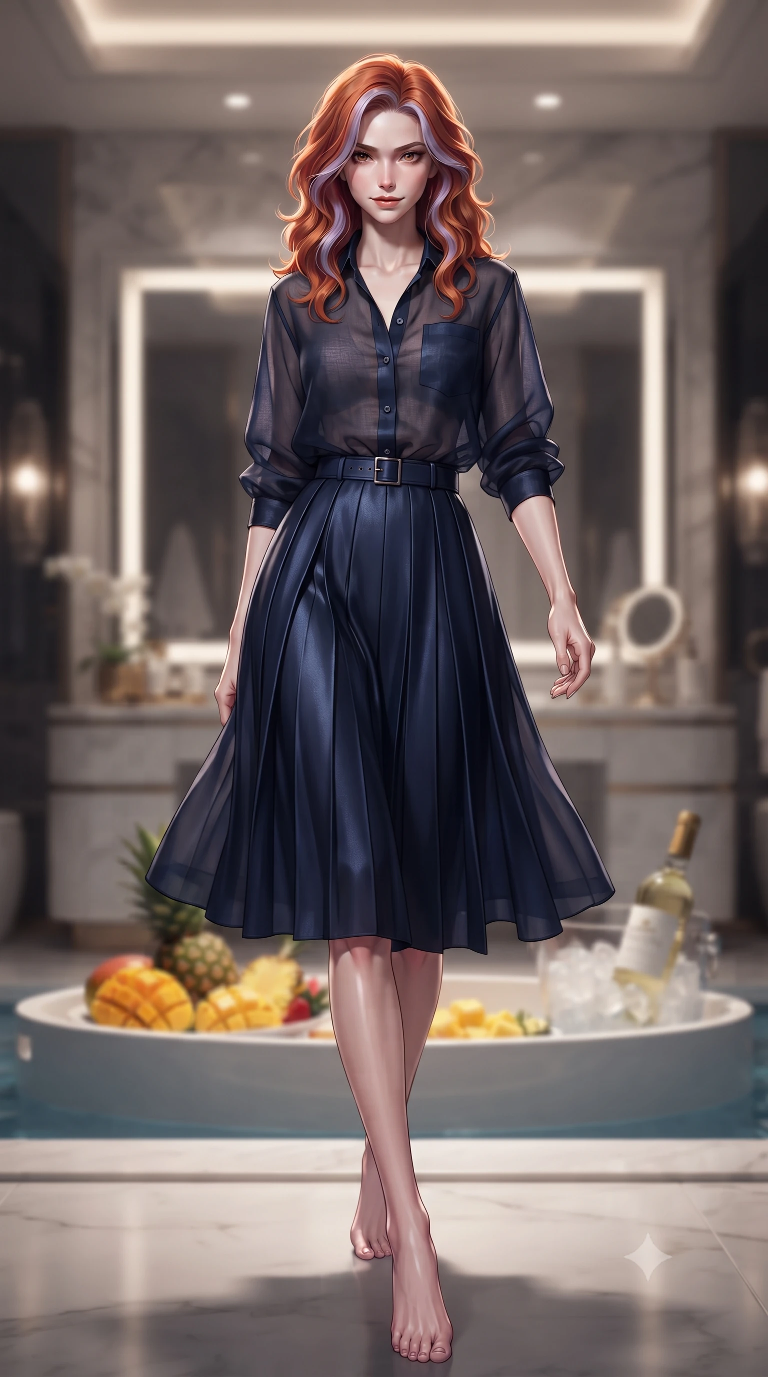 score_9, masterpiece, best quality, ultra-detailed, high-budget anime keyframe, editorial fashion photography, tasteful artistic composition, Caucasian woman. low angle full-body shot from head to toe showing her feet, filling the entire 9:16 vertical frame with her statuesque presence, stretching her vertical silhouette. striding forward with quiet confidence and a smoldering half-smile, holding intense eye contact with the viewer set against a soft-focus background of inside an exclusive vanity suite with a floating pool tray of tropical fruits and chilled wine in soft focus. She has an absolutely perfect, statuesque 8.5-heads proportion, an exceptionally tall and slender model-like female figure with impossibly long slender legs and an ultra-slim waist. sharp v-shaped jawline, high-bridge nose, intricate jewel-like eyes with depth, thick eyelashes, glossy lips with a natural sheen. wearing form-contouring midnight navy sheer organza casual linen button-down shirt paired with a flowy pleated midi skirt featuring refined tailored seams. accented by a single dramatic key light highlighting her statuesque posture and slim waist. ultra-reflective glossy finish, specular highlights, metallic sheen, high-contrast stereoscopic depth, volumetric dynamic lighting, 2k, ultra detail, master piece, 9:16 ratio