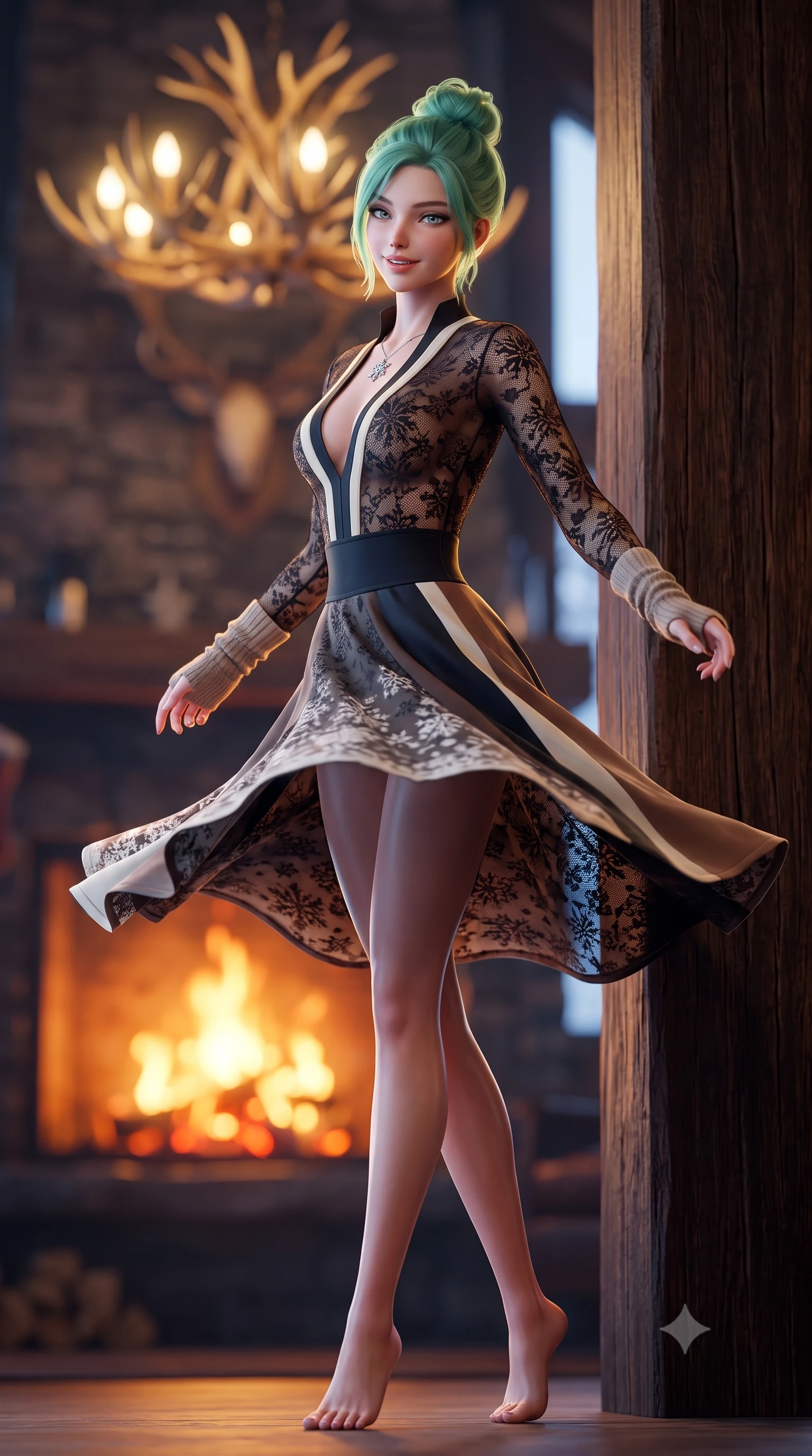score_9, masterpiece, best quality, ultra-detailed, high-budget anime keyframe, semi-realistic 3D game render, editorial fashion photography, tasteful artistic composition, Japanese woman. low angle full-body shot from head to toe showing her feet, filling the entire 9:16 vertical frame with her statuesque presence, stretching her vertical silhouette. executing a cheerful mid-motion pivot turn as her winter skirt flutters around her slender legs, glancing over her shoulder with an intoxicating, teasing bedroom-gaze while standing poised beside the massive cedar beam pillar with hips cocked back, looking into the lens with a teasing half-smile as flames illuminate her curves. The composition keeps background elements in soft focus with dreamy creamy bokeh. roaring orange fireplace embers and glowing antler chandeliers softened in opulent Rocky Mountain shallow focus. She has an exceptionally tall and slender model-like 8.5-heads proportion, an ultra-slim waist, a flat toned midriff, narrow delicate ribcage, and beautifully sculpted feminine hips creating a graceful, slim hourglass silhouette without any bulky heaviness, with impossibly long slender legs. sharp v-shaped jawline, high-bridge nose, sparkling ice-crystal eyes with depth, frosty thick lashes, glossy parted lips with a rosy berry sheen, bright playful smile with an intoxicating seductive glint, rosy flushed cheeks radiating cozy warmth and dangerous allure, flawlessly proportioned anatomical accuracy, strict slender model proportions, natural body alignment, perfectly sculpted long slender limbs, ultra-slim waistline, clean dynamic posture without body distortion. wearing a plunging-V thermal ski jumpsuit in sleek obsidian clinging to her athletic hips and waist in warm mocha brown and vanilla cream, crafted from sheer delicate thermal stretch lace with snowflake floral motifs, featuring elegant fingerless knit wrist warmers and a dainty silver snowflake pendant, the high-waisted tailoring accentuating her ultra-slim waistline and the enchanting curve of her feminine hips with alluring winter charm. illuminated by cool winter twilight window bounce and rich warm-gold rim light sculpting her razor-sharp jawline, narrow waist, and curvy hips. highly saturated vibrant anime colors, detailed shading with soft gradients, rich glossy textures, high-contrast stereoscopic depth, volumetric dynamic lighting, master piece, 9:16 ratio