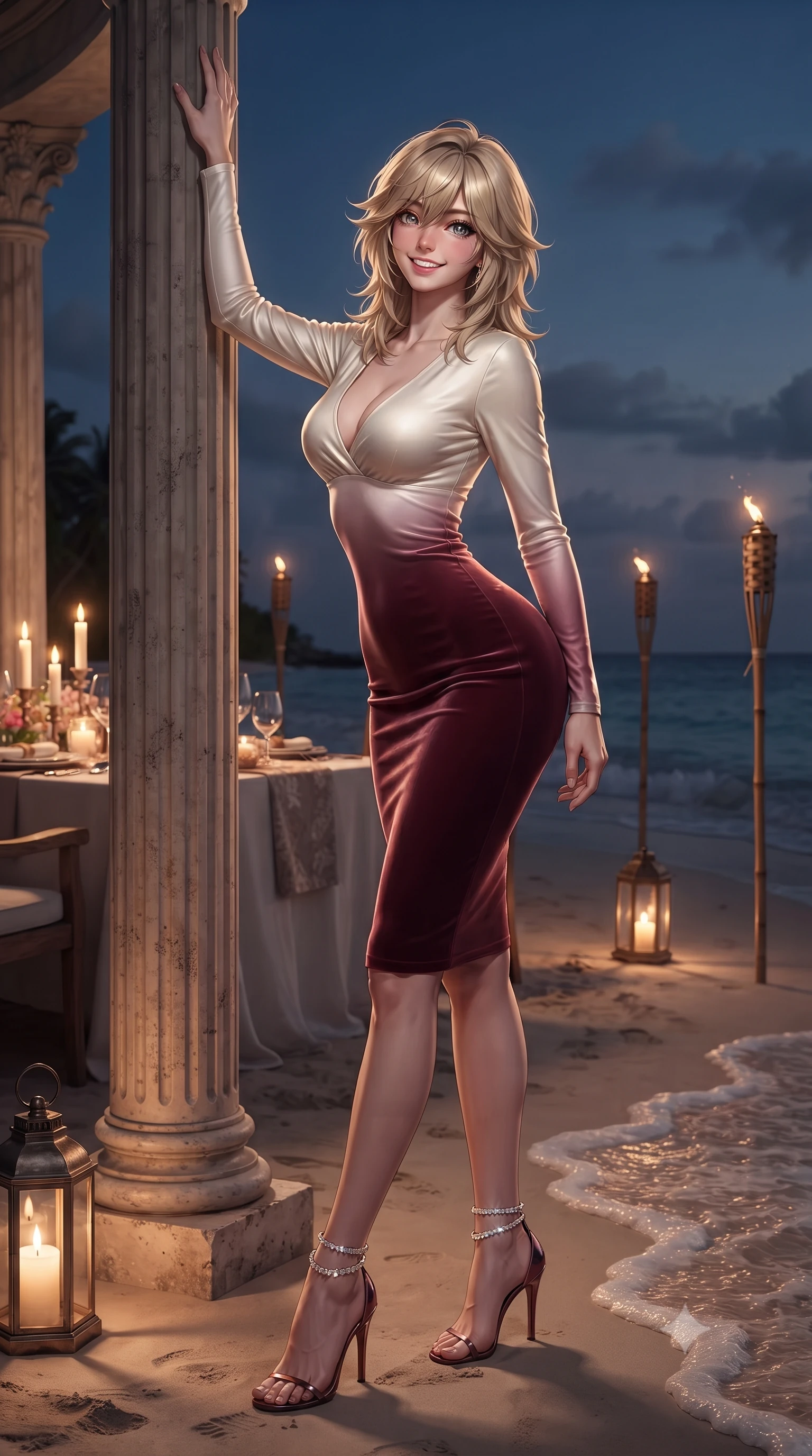 score_9, masterpiece, best quality, ultra-detailed, high-budget anime keyframe, editorial fashion photography, tasteful artistic composition, Japanese woman. low angle full-body shot from head to toe showing her feet, filling the entire 9:16 vertical frame with her statuesque presence, stretching her vertical silhouette. standing tall beside the architectural column, one hand resting high while arching her lower back to emphasize her sculpted feminine hips and slender waist while twisting her slender torso in an alluring contrapposto stance beside the candlelit dining table, gentle lapping waves caressing the sand at her feet. The surrounding environment is rendered in vivid detail and crisp panoramic clarity: detailed garment cut, bodycon tailoring, and untouched natural sandbank textures in razor-sharp precision. She has an exceptionally tall and slender model-like 8.5-heads proportion, an ultra-slim waist, a flat toned midriff, narrow delicate ribcage, and beautifully sculpted feminine hips creating a graceful, slim hourglass silhouette without any bulky heaviness, with impossibly long slender legs. sharp v-shaped jawline, high-bridge nose, intricate jewel-like sparkling eyes with depth, thick eyelashes, glossy parted lips with a natural peach sheen, bright cheerful beaming smile with an enchanting and coquettish sensual glint, exuding both youthful cute charm and seductive allure, flawlessly proportioned anatomical accuracy, strict slender model proportions, natural body alignment, perfectly sculpted long slender limbs, ultra-slim waistline, clean dynamic posture without body distortion. wearing a form-fitting Bohemian liquid silk jersey cocktail dress clinging smoothly to her narrow waist and rounded hips in Belvedere ivory pearl and Habsburg bordeaux wine, tailored from ultra-plush silk velvet with rich tactile depth and deep shadow gradients, complemented by strappy stiletto sandals with crystal ankle wraps accentuating her slender calves, the glove-like clinging cut tightly following the natural contour of her hips and long slender legs with youthful 8.5-heads elegance. bathed in the warm intimate 2200K glow of bamboo torches and hurricane lanterns contrasted with twilight sea hues. ultra-reflective glossy finish, specular highlights, rich textural contrasts, high-contrast stereoscopic depth, volumetric dynamic lighting, 2k, ultra detail, master piece, 9:16 ratio