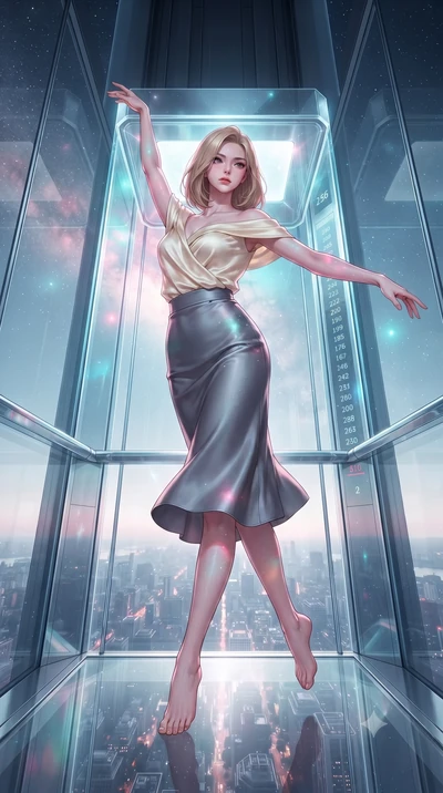 score_9, masterpiece, best quality, ultra-detailed, high-budget anime keyframe, editorial fashion photography, tasteful artistic composition, Korean woman. low angle full-body shot from head to toe showing her feet, filling the entire 9:16 vertical f