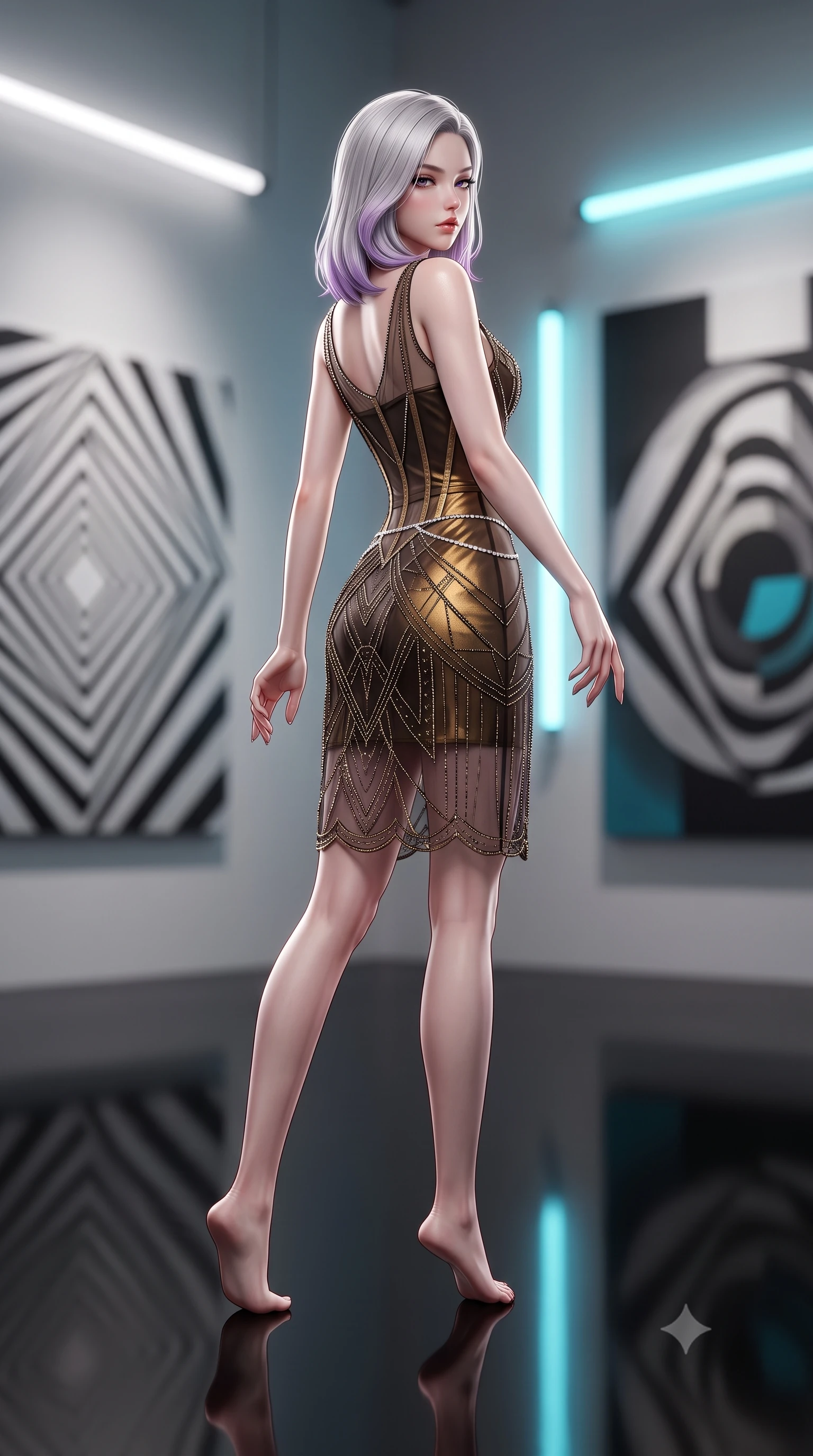 score_9, masterpiece, best quality, ultra-detailed, high-budget anime keyframe, semi-realistic 3D game render, editorial fashion photography, tasteful artistic composition, Caucasian woman. low angle full-body shot from head to toe showing her feet, filling the entire 9:16 vertical frame with her statuesque presence, stretching her vertical silhouette. posing with back turned slightly to the lens, glancing back with smoldering allure as she arches her lower back to emphasize her sculpted feminine hips and slender waist while gliding across the high-gloss black epoxy floor with sovereign elegance, glancing over a bare shoulder with parted glossy lips. The composition keeps background elements in soft focus with creamy bokeh. monumental geometric op-art canvases and minimalist neon wall tubes blurred into crisp alabaster, charcoal, and electric cyan bokeh. She has an exceptionally tall and slender model-like 8.5-heads proportion, an ultra-slim waist, a flat toned midriff, narrow delicate ribcage, and beautifully sculpted feminine hips creating a graceful, slim hourglass silhouette without any bulky heaviness, with impossibly long slender legs. sharp v-shaped jawline, high-bridge nose, intricate jewel-like eyes with depth, thick eyelashes, glossy parted lips with a natural sheen, intensely captivating and seductive bedroom-eyes expression, flawlessly proportioned anatomical accuracy, strict slender model proportions, natural body alignment, perfectly sculpted long slender limbs, ultra-slim waistline, clean dynamic posture without body distortion. wearing a sheer vintage mesh flapper dress adorned with intricate geometric beadwork over an opaque silk slip in dark espresso brown and molten gold foil, made of fluid silk crepe with delicate inner corsetry boning, accented with a dainty diamond waist chain catching the ambient light reflections, the second-skin form-contouring cut accentuating her sculpted flat midriff, narrow delicate ribcage, and gracefully curvy hips with supermodel precision. illuminated by sharp linear edge highlights defining her sculpted collarbones, ultra-slim waist, and curvy hips. highly saturated vibrant anime colors, detailed shading with soft gradients, rich glossy textures, high-contrast stereoscopic depth, volumetric dynamic lighting, master piece, 9:16 ratio