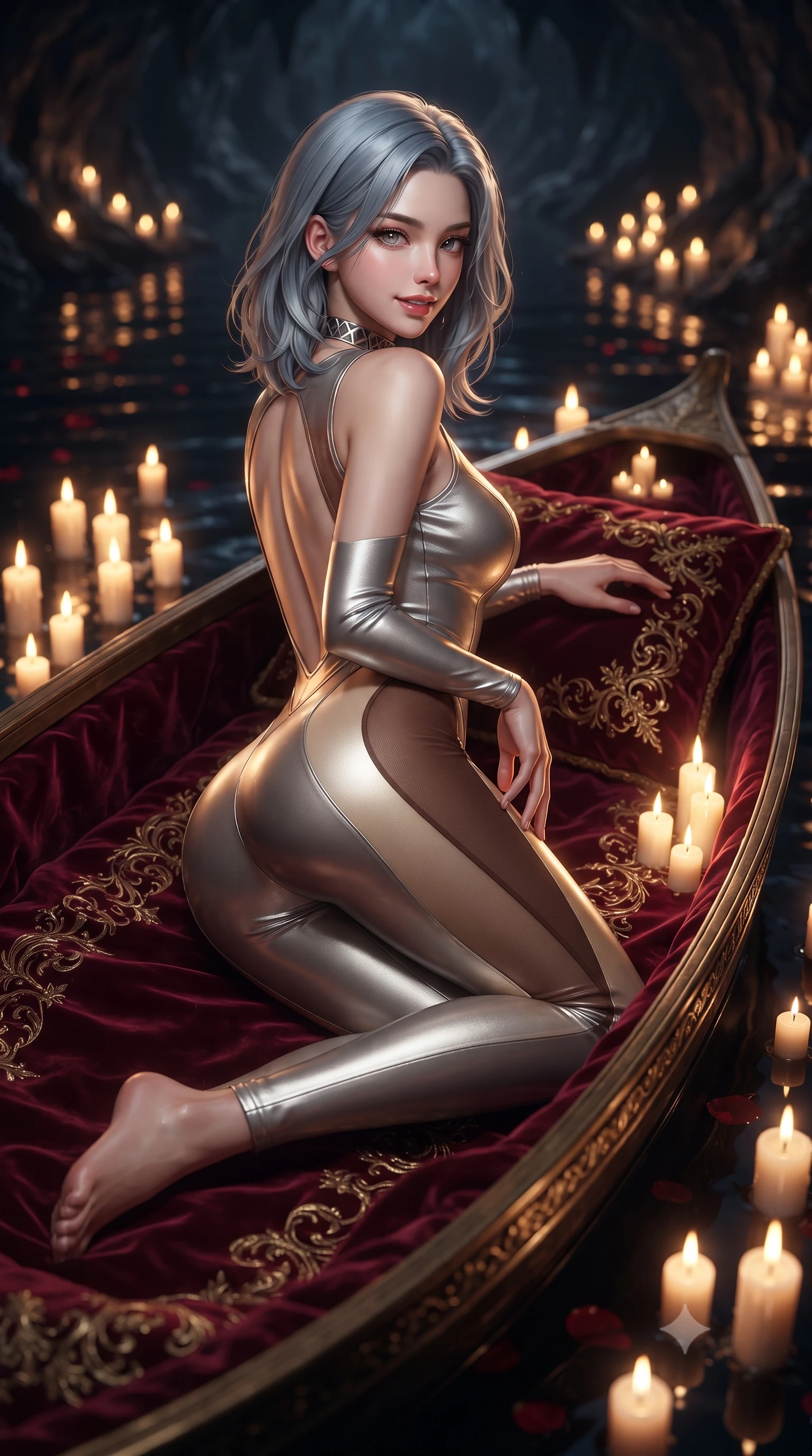 score_9, masterpiece, best quality, ultra-detailed, high-budget anime keyframe, editorial fashion photography, tasteful artistic composition, Korean woman. close-up cowboy shot from the waist and thighs up, the character dominates the composition, filling the frame with her large presence. turning over a bare shoulder with an intoxicating, teasing smile, her soft hair framing her sharp jawline as her hips angle gracefully while reclining languidly on an antique velvet-lined skiff floating on the subterranean black lake, arching her spine with one knee bent as candlelight traces her curvy hips. The composition keeps background elements in soft focus with creamy bokeh. thousands of flickering floating candles and dark cavern lake ripples blurred into deep obsidian, molten gold, and blood-ruby bokeh. She has an exceptionally elegant, slender, and willowy female figure with an ultra-slim waist, flat toned midriff, narrow ribcage, and sculpted feminine hips creating an alluring, slim hourglass silhouette without bulk. sharp v-shaped jawline, high-bridge nose, intricate jewel-like eyes with depth, thick eyelashes, glossy parted lips with a natural sheen, intensely captivating and seductive bedroom-eyes expression, flawlessly proportioned anatomical accuracy, strict slender model proportions, natural body alignment, perfectly sculpted long slender limbs, ultra-slim waistline, clean dynamic posture without body distortion. wearing a liquid-silver aerodynamic space-couture catsuit with an open scooped back and sheer contouring mesh hip panels in rich equestrian cognac brown and crisp champagne cream, crafted from luxurious metallic lamé that shifts radiance with every step, complemented by a bold geometric choker and sparkling cocktail ring, the glove-like aerodynamic silhouette tightly following the natural contour of her hips and long slender legs with statuesque 8.5-heads elegance. illuminated by rich specular rim lights defining her razor-sharp jawline, narrow waist, and curvy hips. ultra-reflective glossy finish, specular highlights, rich textural contrasts, high-contrast stereoscopic depth, volumetric dynamic lighting, 2k, ultra detail, master piece, 9:16 ratio