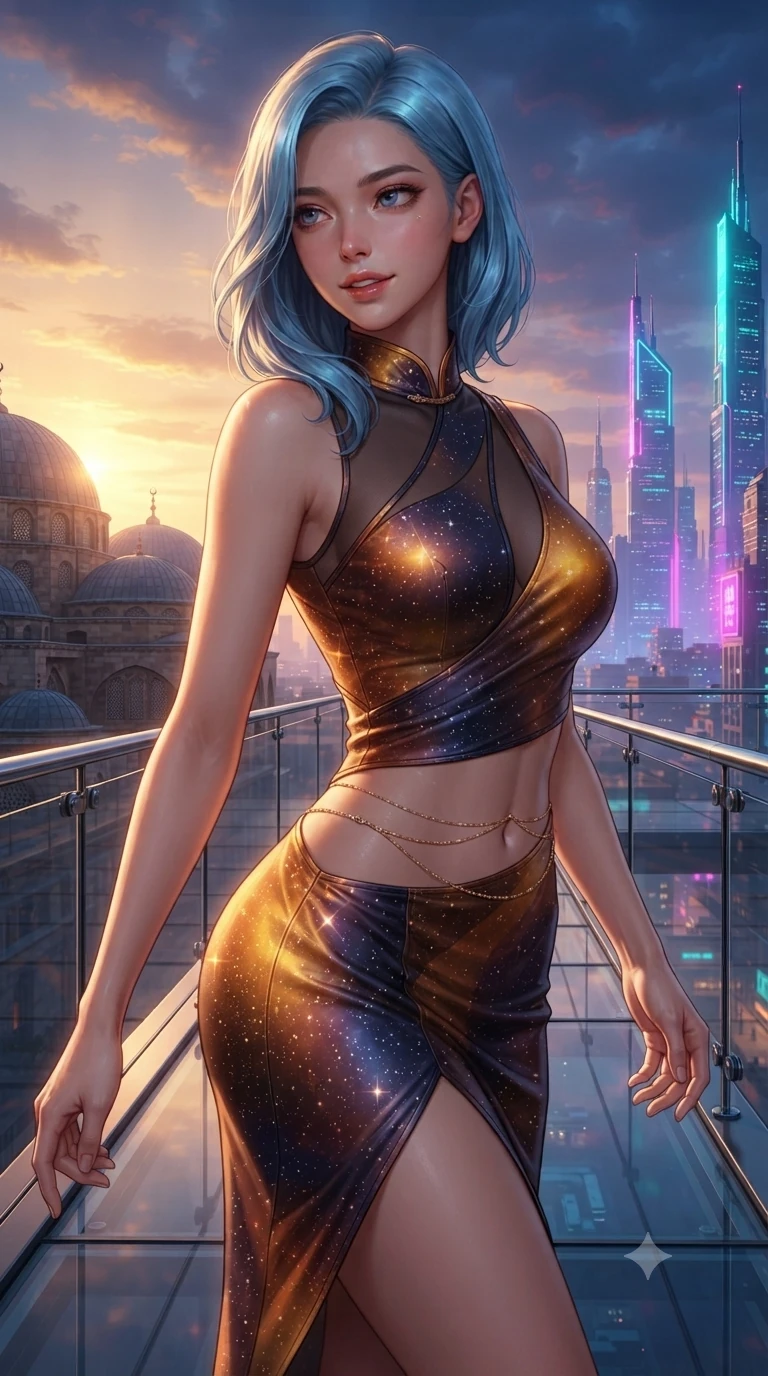 score_9, masterpiece, best quality, ultra-detailed, high-budget anime keyframe, editorial fashion photography, tasteful artistic composition, Korean woman. close-up cowboy shot from the waist and thighs up, the character dominates the composition, filling the frame with her large presence. twisting her slender torso in a deep contrapposto stance, hips dramatically shifted to accentuate her feminine curves while looking past her shoulder with smoldering bedroom-eyes while walking slowly along the suspended glass sky-terrace, looking back over her shoulder with an air of effortless grace and an alluring, smoldering smile as heritage stone domes on one side transition into neon cyber-spires on the other. The surrounding environment is rendered in vivid detail and crisp panoramic clarity: sharp glass floor structural seams, polished steel cable tensioners, and crisp distant architectural spires in deep focus. She has an exceptionally elegant, slender, and willowy female figure with an ultra-slim waist, flat toned midriff, narrow ribcage, and sculpted feminine hips creating an alluring, slim hourglass silhouette without bulk. sharp v-shaped jawline, high-bridge nose, intricate jewel-like sparkling eyes with depth, thick eyelashes, glossy parted lips with a natural sheen, intensely captivating and seductive bedroom-eyes expression, exuding both youthful cute charm and sovereign luxury allure, flawlessly proportioned anatomical accuracy, strict slender model proportions, natural body alignment, perfectly sculpted long slender limbs, ultra-slim waistline, clean dynamic posture without body distortion. wearing a wet-look silk fusion wrap dress with asymmetrical sheer mesh cutouts and high Mandarin collar in cosmic eclipse amber and starlight diamond, crafted from bespoke double-faced cashmere with an exceptionally soft tactile finish, accented with a dainty gold belly chain resting across her flat midriff and curving hips, the bespoke structured tailoring following the natural line of her 8.5-heads silhouette with refined elegance. bathed in the dramatic dual twilight lighting: warm golden sunset rays from the heritage west and cool vibrant neon from the futuristic east. ultra-reflective glossy finish, specular highlights, rich textural contrasts, high-contrast stereoscopic depth, volumetric dynamic lighting, 2k, ultra detail, master piece, 9:16 ratio