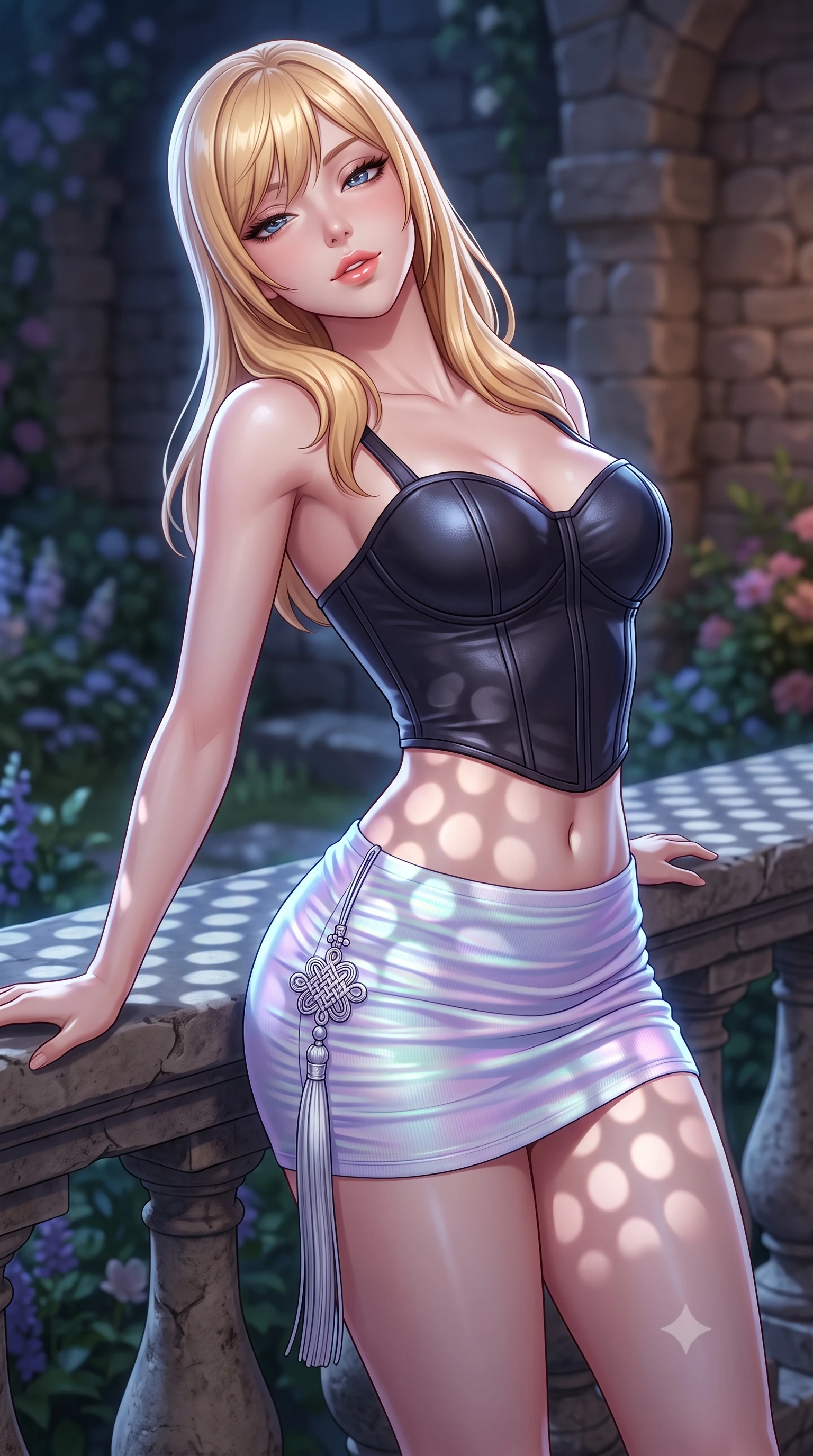 score_9, masterpiece, best quality, ultra-detailed, high-budget anime keyframe, semi-realistic 3D game render, editorial fashion photography, tasteful artistic composition, Caucasian woman. close-up cowboy shot from the waist and thighs up, the character dominates the composition, filling the frame with her large presence. leaning back against the balustrade with relaxed seductive grace, head tilted back slightly while casting a hypnotic, heavy-lidded gaze while twisting her slender torso in an alluring S-curve, midnight moonlight casting geometric circular shadows over her waist and hips. The background shows a soft-focus rustic stone masonry softened in intimate royal garden shallow focus. She has an exceptionally elegant, slender, and willowy female figure with an ultra-slim waist, flat toned midriff, narrow ribcage, and sculpted feminine hips creating an alluring, slim hourglass silhouette without bulk. sharp v-shaped jawline, high-bridge nose, sparkling eyes with hypnotic seductive depth, thick curled eyelashes, glossy parted lips with a natural dewy peach sheen, alluring bedroom-eyes with an enchanting coquettish smile, exuding magnetic siren charisma and sophisticated glamour, flawlessly proportioned anatomical accuracy, strict slender model proportions, natural body alignment, perfectly sculpted long slender limbs, ultra-slim waistline, clean dynamic posture without body distortion. wearing a structured boned leatherette corset top paired with an ultra-short ruched neon mini skirt in iridescent mother-of-pearl and misty lavender, tailored from fine ribbed modal knit with gentle elastic contouring and soft hand-feel, accented with an intricate silver norigae tassel swaying gracefully along her curving hip line, the liquid-tight tailored fabric clinging flawlessly to her narrow waist and rounded feminine hips, emphasizing every millimeter of her sculpted slim hourglass curves without any bulky heaviness. illuminated by stone bounce fill and sharp platinum rim lights defining her collarbones, narrow waist, and curvy hips. highly saturated vibrant anime colors, detailed shading with soft gradients, rich glossy textures, high-contrast stereoscopic depth, volumetric dynamic lighting, master piece, 9:16 ratio