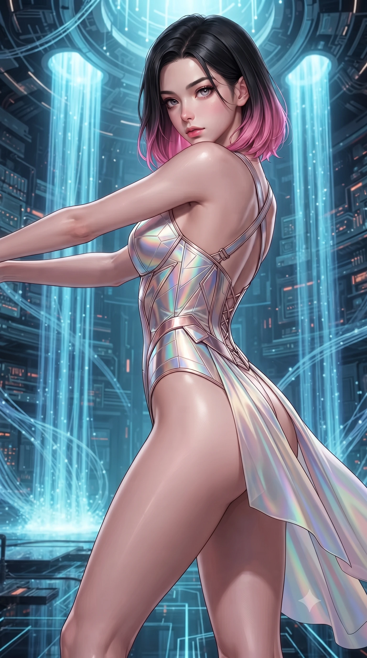 score_9, masterpiece, best quality, ultra-detailed, high-budget anime keyframe, editorial fashion photography, tasteful artistic composition, Korean woman. close-up cowboy shot from the waist and thighs up, the character dominates the composition, filling the frame with her large presence. stretching forward with an alluring arch of her spine, glancing over her shoulder with divine self-assurance and magnetic intensity while floating weightlessly in the heart of a quantum supercomputer chamber surrounded by cascading bioluminescent fiber-optic waterfalls. The surrounding environment is rendered in vivid detail and crisp panoramic clarity. intricate quantum processor circuit lines, sharp fiber-optic strand filaments, and glass platform reflections in deep focus. She has an exceptionally elegant, slender, and willowy female figure with an ultra-slim waist, a gracefully sculpted slender torso, toned flat midriff, and a refined slim silhouette. sharp v-shaped jawline, high-bridge nose, intricate jewel-like eyes with depth, thick eyelashes, glossy lips with a natural sheen, flawlessly proportioned anatomical accuracy, strict slender model proportions, natural body alignment, perfectly sculpted long slender limbs, ultra-slim waistline, clean dynamic posture without body distortion. wearing a precision-tailored holographic cyber-corset with geometric iridescent plating and an ultra-slim waist-cinching silhouette in sculpted rose gold and luminescent champagne ivory, made of smooth flowing silk chiffon that shifts colors with movement, complemented by criss-cross back straps highlighting her completely bare spine, the form-contouring material adhering flawlessly to her sculpted flat midriff and slender torso, emphasizing her long leg lines and perfectly proportioned willowy build. illuminated by sharp specular highlights tracing her ultra-slim waist, long legs, and sculpted collarbones. ultra-reflective glossy finish, specular highlights, dark metallic sheen, high-contrast stereoscopic depth, volumetric dynamic lighting, 2k, ultra detail, master piece, 9:16 ratio