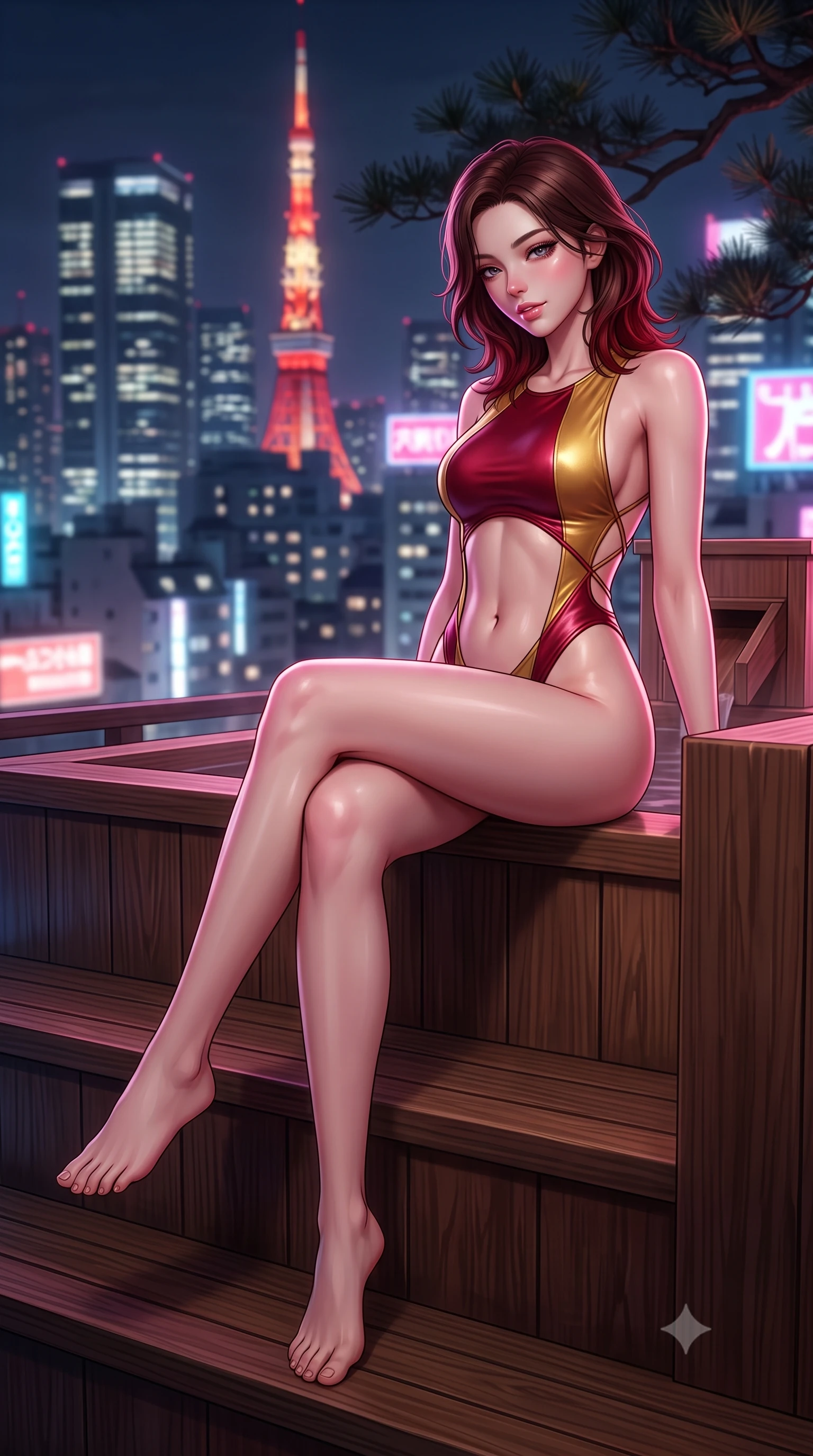 score_9, masterpiece, best quality, ultra-detailed, high-budget anime keyframe, semi-realistic 3D game render, editorial fashion photography, tasteful artistic composition, Korean woman. low angle full-body shot from head to toe showing her feet, filling the entire 9:16 vertical frame with her statuesque presence, stretching her vertical silhouette. sitting perched on the elevated ledge with hips angled toward the camera and legs crossed, displaying her toned midriff and flawlessly sculpted slender limbs while leaning back against a cedar bath partition overlooking glowing Tokyo skyscrapers, parted glossy lips reflecting pink neon lights. The composition keeps background elements in soft focus with creamy bokeh. distant Tokyo Tower neon lights and dark pine branches softened in dreamy nocturnal shallow focus. She has an absolutely perfect, statuesque 8.5-heads proportion, an exceptionally tall and slender model-like female figure with impossibly long slender legs, a toned flat midriff, an ultra-slim waist, and beautifully sculpted feminine hips. sharp v-shaped jawline, high-bridge nose, intricate jewel-like eyes with depth, thick eyelashes, glossy parted lips with a natural sheen, intensely captivating and seductive bedroom-eyes expression, flawlessly proportioned anatomical accuracy, strict slender model proportions, natural body alignment, perfectly sculpted long slender limbs, ultra-slim waistline, clean dynamic posture without body distortion. wearing a second-skin thermal onsen monokini with high-cut hip openings and crossed back straps in imperial gold and deep crimson silk, crafted from supple second-skin lambskin leather with specular wet sheen, finished with a dramatic open back framed by criss-cross delicate silk cords, the second-skin form-contouring cut accentuating her sculpted flat midriff, narrow waistline, and dramatically curvy hips without adding bulk. surrounded by an intimate, tranquil, and deeply sensual Japanese skylounge muse aura. highly saturated vibrant anime colors, detailed shading with soft gradients, rich glossy textures, high-contrast stereoscopic depth, volumetric dynamic lighting, master piece, 9:16 ratio