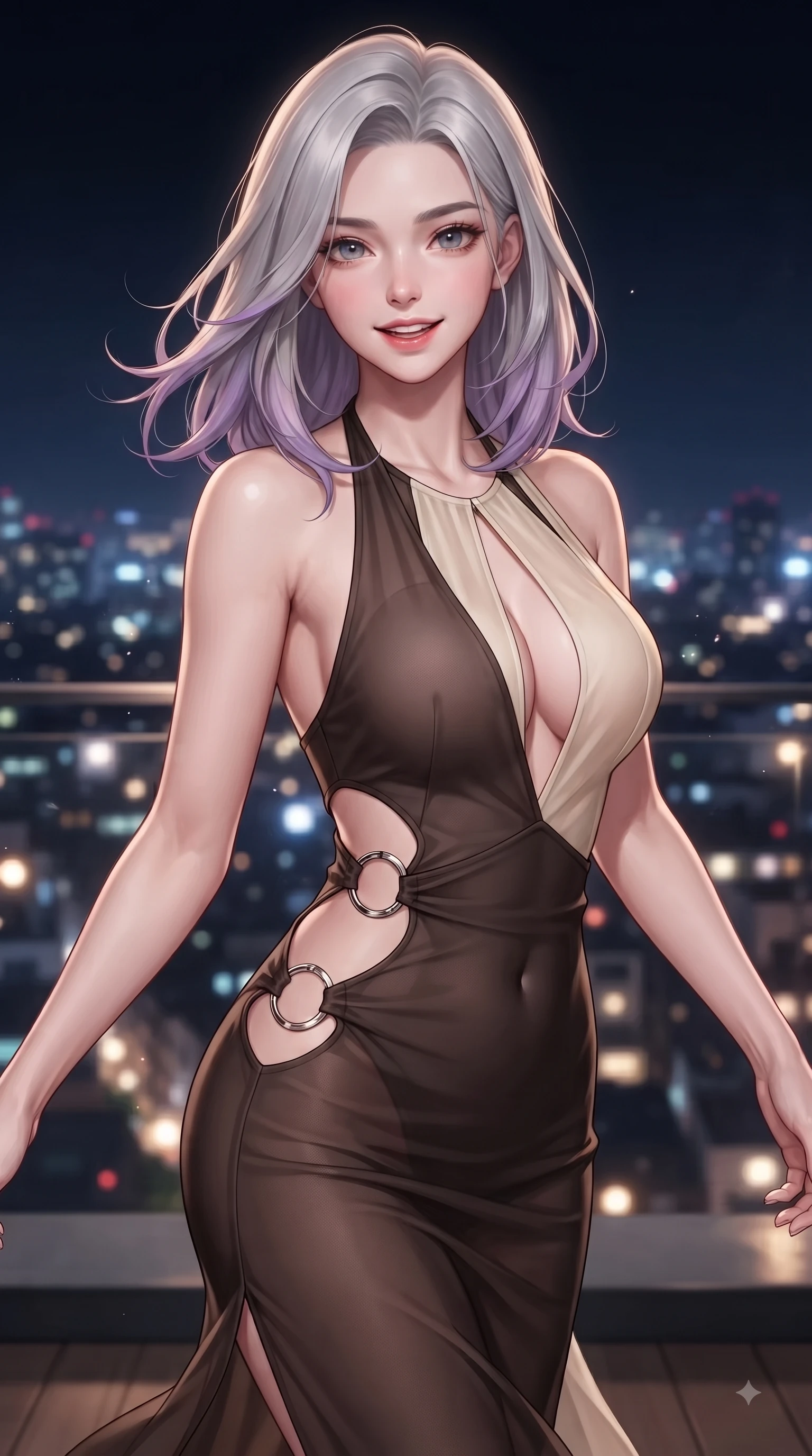 score_9, masterpiece, best quality, ultra-detailed, high-budget anime keyframe, editorial fashion photography, tasteful artistic composition, Caucasian woman. close-up cowboy shot from the waist and thighs up, the character dominates the composition, filling the frame with her large presence, background elements kept in soft focus. Playful cute expression with a warm smile and parted lips, looking right into the camera with vibrant energy while pivoting dynamically on a open-air Itaewon rooftop lounge as city night lights twinkle below, cool evening breeze fluttering her chic trendy outfit into fluid motions. She has an exceptionally elegant, slender, and willowy female figure with an ultra-slim waist, a gracefully sculpted slender torso, and a refined silhouette. sharp v-shaped jawline, high-bridge nose, intricate jewel-like eyes with depth, thick eyelashes, glossy lips with a natural sheen, flawlessly proportioned anatomical accuracy, natural body alignment, perfectly sculpted elegant limbs, clean dynamic posture without body distortion. wearing a deep-scoop halter bodycon dress with hip cutouts connected by silver rings in espresso brown and warm cream, woven from fine semi-opaque sheer organza, accented with a Tasteful chest slit framing her clavicle gracefully, the glove-like fit emphasizing her statuesque silhouette during motion. surrounded by a sophisticated, high-fashion nightlife aura. ultra-reflective glossy finish, specular highlights, metallic sheen, high-contrast stereoscopic depth, volumetric dynamic lighting, 2k, ultra detail, master piece, 9:16 ratio