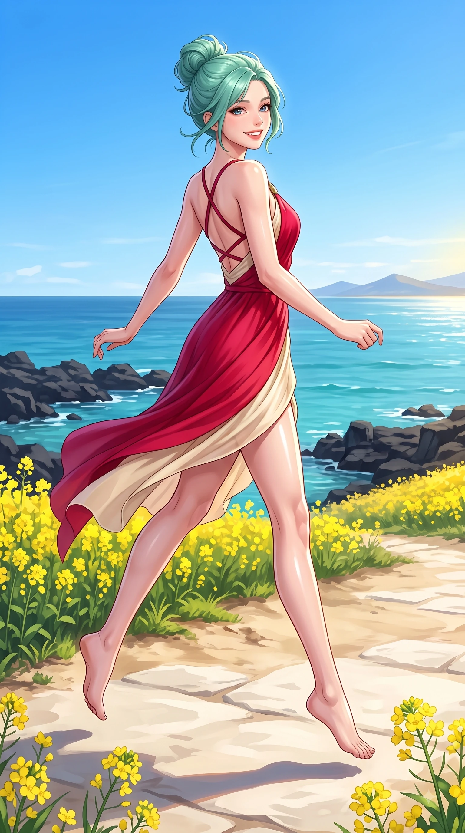 score_9, masterpiece, best quality, ultra-detailed, high-budget anime keyframe, editorial fashion photography, tasteful artistic composition, Japanese woman. low angle full-body shot from head to toe showing her feet, filling the entire 9:16 vertical frame with her statuesque presence, stretching her vertical silhouette. leaping with pure youthful energy through the scene with a radiant bright smile, her long slender legs balanced gracefully while strolling along a sun-drenched island path with the sparkling sea stretching into the distance. The surrounding environment is rendered in vivid detail and crisp panoramic clarity. blooming yellow canola flower fields, basalt sea rocks, and turquoise ocean water in deep focus. She has an absolutely perfect, statuesque 8.5-heads proportion, an exceptionally tall and slender model-like female figure with impossibly long slender legs and an ultra-slim waist. sharp v-shaped jawline, high-bridge nose, intricate jewel-like eyes with depth, thick eyelashes, glossy lips with a natural sheen, flawlessly proportioned anatomical accuracy, natural body alignment, perfectly sculpted elegant limbs, clean dynamic posture without body distortion. wearing an asymmetrical draped chiffon midi dress with a sleek shoulder accent in vivid crimson red and champagne cream, knitted from soft cozy cashmere yarn, finished with delicate criss-cross back straps highlighting her bare shoulders, the glove-like fit emphasizing her statuesque silhouette during motion. surrounded by a fresh, sun-drenched, and relaxing vacation atmosphere. highly saturated vibrant anime colors, detailed shading with soft gradients, rich glossy textures, high-contrast stereoscopic depth, volumetric dynamic lighting, master piece, 9:16 ratio