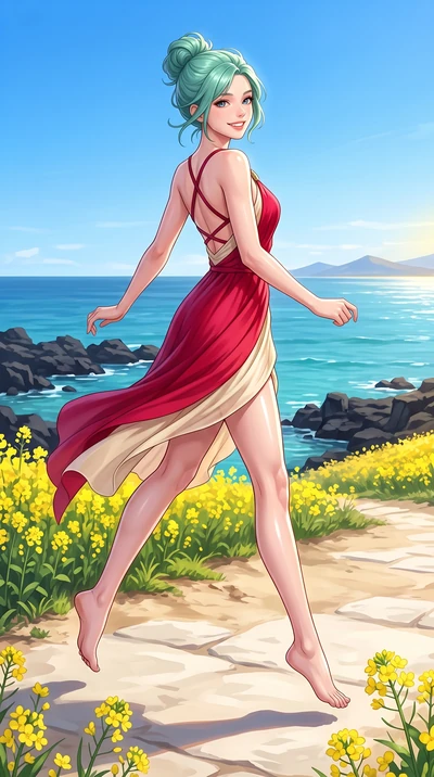 score_9, masterpiece, best quality, ultra-detailed, high-budget anime keyframe, editorial fashion photography, tasteful artistic composition, Japanese woman. low angle full-body shot from head to toe showing her feet, filling the entire 9:16 vertical