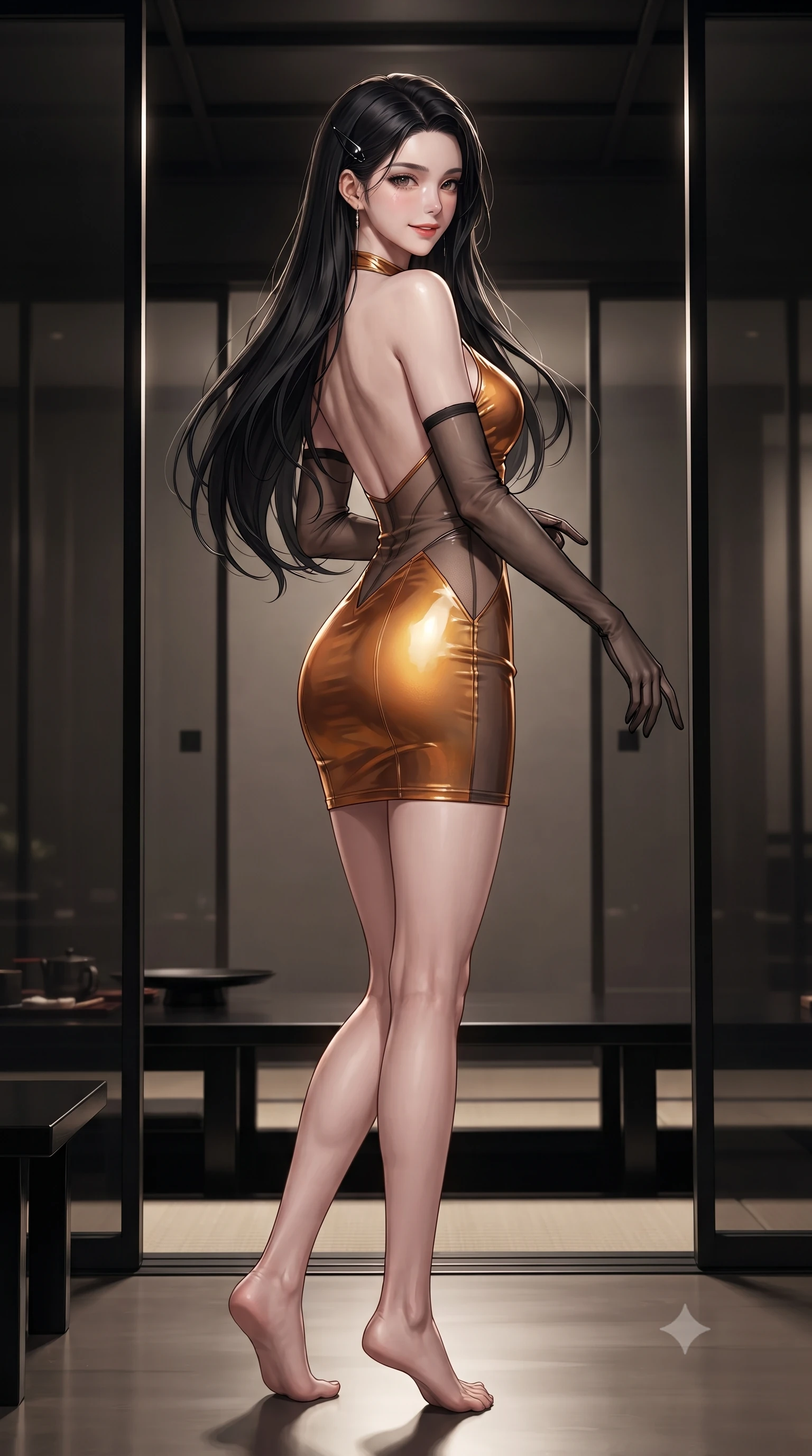 score_9, masterpiece, best quality, ultra-detailed, high-budget anime keyframe, editorial fashion photography, tasteful artistic composition, Korean woman. low angle full-body shot from head to toe showing her feet, filling the entire 9:16 vertical frame with her statuesque presence, stretching her vertical silhouette. executing a slow, graceful pivot turn as her skirt sways around her slender legs, glancing back with an enchanting, teasing sensual expression while twisting her slender torso in an alluring contrapposto stance, low lacquered ebony tables and sliding smoked glass panels framing her curves. The surrounding environment is rendered in vivid detail and crisp panoramic clarity: detailed form-fitting modern cheongsam-cut silk mini dress tailoring, obsidian hair clip gleam, and Japanese luxury interior design in razor-sharp precision. She has an absolutely perfect, statuesque 8.5-heads proportion, an exceptionally tall and slender model-like female figure with impossibly long slender legs, an ultra-slim waist, a flat toned midriff, narrow delicate ribcage, and beautifully sculpted feminine hips creating a graceful, slim hourglass silhouette without any bulky heaviness. sharp v-shaped jawline, high-bridge nose, sparkling eyes with hypnotic seductive depth, thick curled eyelashes, glossy parted lips with a natural dewy peach sheen, alluring bedroom-eyes with an enchanting coquettish smile, exuding magnetic siren charisma and sophisticated glamour, flawlessly proportioned anatomical accuracy, strict slender model proportions, natural body alignment, perfectly sculpted long slender limbs, ultra-slim waistline, clean dynamic posture without body distortion. wearing a slinky backless halterneck column mini dress in shimmering liquid vinyl clinging like a second skin in warm amber honey and antique gold leaf, made of semi-opaque stretch illusion mesh with soft shadowy contours, complemented by sheer opera-length evening gloves tracing her slender arms, the form-contouring silhouette accentuating her sculpted flat midriff, narrow delicate ribcage, and gracefully curvy hips with intoxicating allure. illuminated by black lacquer reflection bounce and sharp platinum-gold rim lights sculpting her jawline, narrow waist, and curvy hips. ultra-reflective glossy finish, specular highlights, rich textural contrasts, high-contrast stereoscopic depth, volumetric dynamic lighting, 2k, ultra detail, master piece, 9:16 ratio