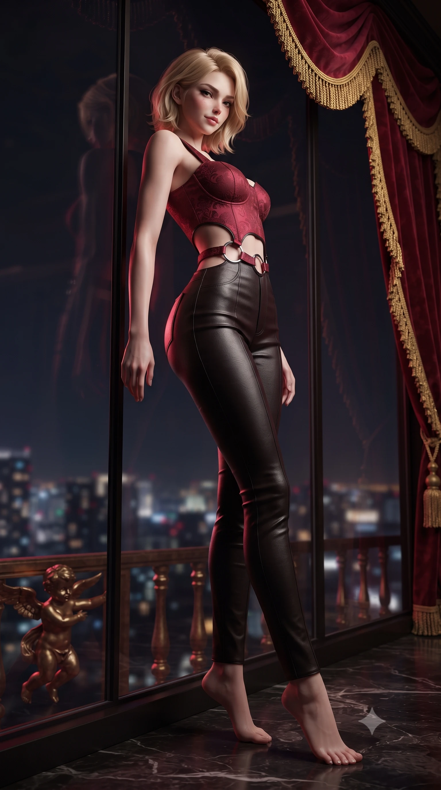 score_9, masterpiece, best quality, ultra-detailed, high-budget anime keyframe, editorial fashion photography, tasteful artistic composition, Caucasian woman. low angle full-body shot from head to toe showing her feet, filling the entire 9:16 vertical frame with her statuesque presence, stretching her vertical silhouette. leaning back against the panoramic glass window with hips cocked back in an unapologetically alluring high-fashion stance, illuminated by the city night vista while twisting her slender torso in an alluring contrapposto stance beside the gilded cherub balustrade, her dark gown tracing her slim hourglass curves. The composition keeps background elements in soft focus with dreamy creamy bokeh. plush crimson velvet drapery with heavy gold bullion fringes softened in opulent baroque shallow focus. She has an exceptionally tall and slender model-like 8.5-heads proportion, an ultra-slim waist, a flat toned midriff, narrow delicate ribcage, and beautifully sculpted feminine hips creating a graceful, slim hourglass silhouette without any bulky heaviness, with impossibly long slender legs. sharp v-shaped jawline, high-bridge nose, intricate jewel-like dark sparkling eyes with dangerous depth, thick curled eyelashes, glossy parted lips with a rich wine sheen, smoldering seductive half-smile with bedroom-eyes, exuding effortless superiority and intoxicating dark allure, flawlessly proportioned anatomical accuracy, strict slender model proportions, natural body alignment, perfectly sculpted long slender limbs, ultra-slim waistline, clean dynamic posture without body distortion. wearing a cropped structured bodice top paired with ultra-fitted high-waisted leather trousers tracing her hips in ruby crimson and muted shadow black, tailored from rich silk jacquard with subtle embossed baroque patterns, accented with sculptural chrome hardware rings framing the subtle cutouts, the form-contouring cut accentuating her sculpted flat midriff, narrow delicate ribcage, and gracefully curvy hips with sovereign high-fashion precision. illuminated by dramatic theatrical spot key light and rich crimson rim light sculpting her razor-sharp jawline, narrow waist, and curvy hips. ultra-reflective glossy finish, specular highlights, rich textural contrasts, high-contrast stereoscopic depth, volumetric dynamic lighting, 2k, ultra detail, master piece, 9:16 ratio