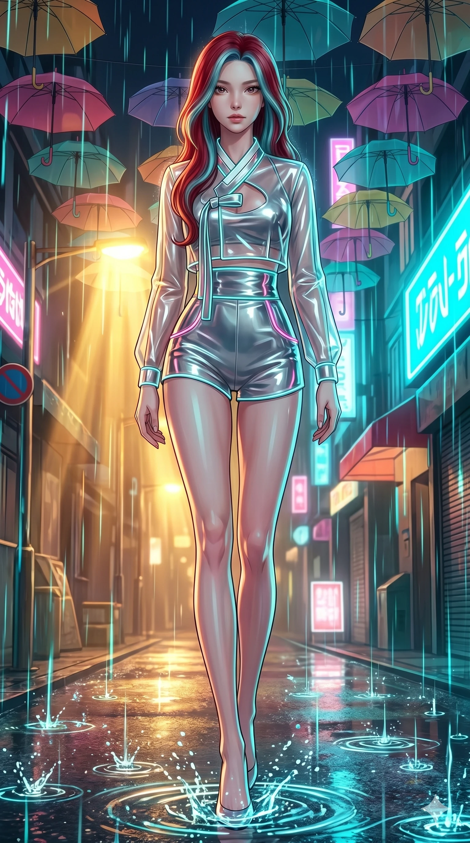 score_9, masterpiece, best quality, ultra-detailed, high-budget anime keyframe, Japanese woman. low angle full-body shot filling the entire 9:16 frame with her statuesque presence, stretching the vertical silhouette. navigating a wet neon-lit future street under colorful floating umbrellas as translucent neon raindrops fall, creating brilliant splash ripples. She has an absolutely perfect 8-heads proportion, an exceptionally tall and slender female figure with impossibly long slender legs and an ultra-slim waist. V-shaped jawline, high-bridge nose, intricate jewel-like eyes with depth, thick eyelashes, glossy lips with a natural sheen.. wearing a vinyl liquid mercury fusion hanbok, featuring a translucent chrome-silver vinyl jeogori and high-waist micro-shorts, detailed with glowing neon wire trims and a tasteful chest slit. showcasing a beautiful play of light and shadow, with warm golden rays clashing against cool cyan highlights. 2k, ultra detail, master piece, 9:16 ratio