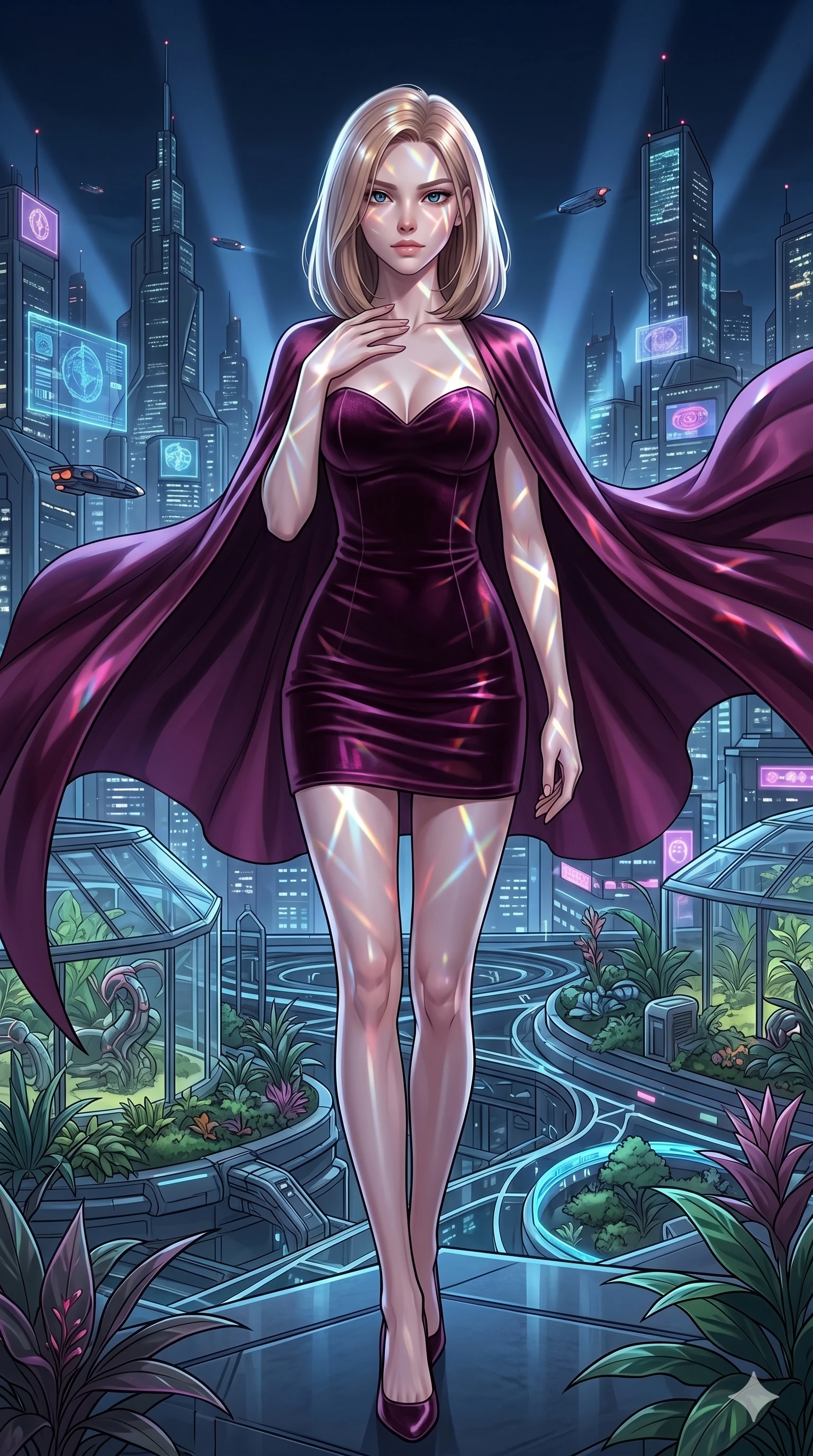 score_9, masterpiece, best quality, ultra-detailed, high-budget anime keyframe, editorial fashion photography, tasteful artistic composition, Korean woman. cowboy shot from the thighs up, character and outfit filling the frame for maximum editorial presence. Pressing one hand lightly to her collarbone in a composed gesture at the edge of a futuristic rooftop garden overlooking a neon-drenched megalopolis at night. She has an absolutely perfect 8-heads proportion, an exceptionally tall and slender female figure with impossibly long slender legs and an ultra-slim waist. V-shaped jawline, high-bridge nose, intricate jewel-like eyes with depth, thick eyelashes, glossy lips with a natural sheen. wearing a precision-fitted deep plum velvet bodycon mini dress with a sweetheart neckline and form-form-sculpting silhouette, paired with a dramatic floor-length silk satin cape in matching plum at the shoulders. lit by mirror-reflected prismatic spotlights creating geometric light patterns that play across her body. 2k, ultra detail, master piece, 9:16 ratio