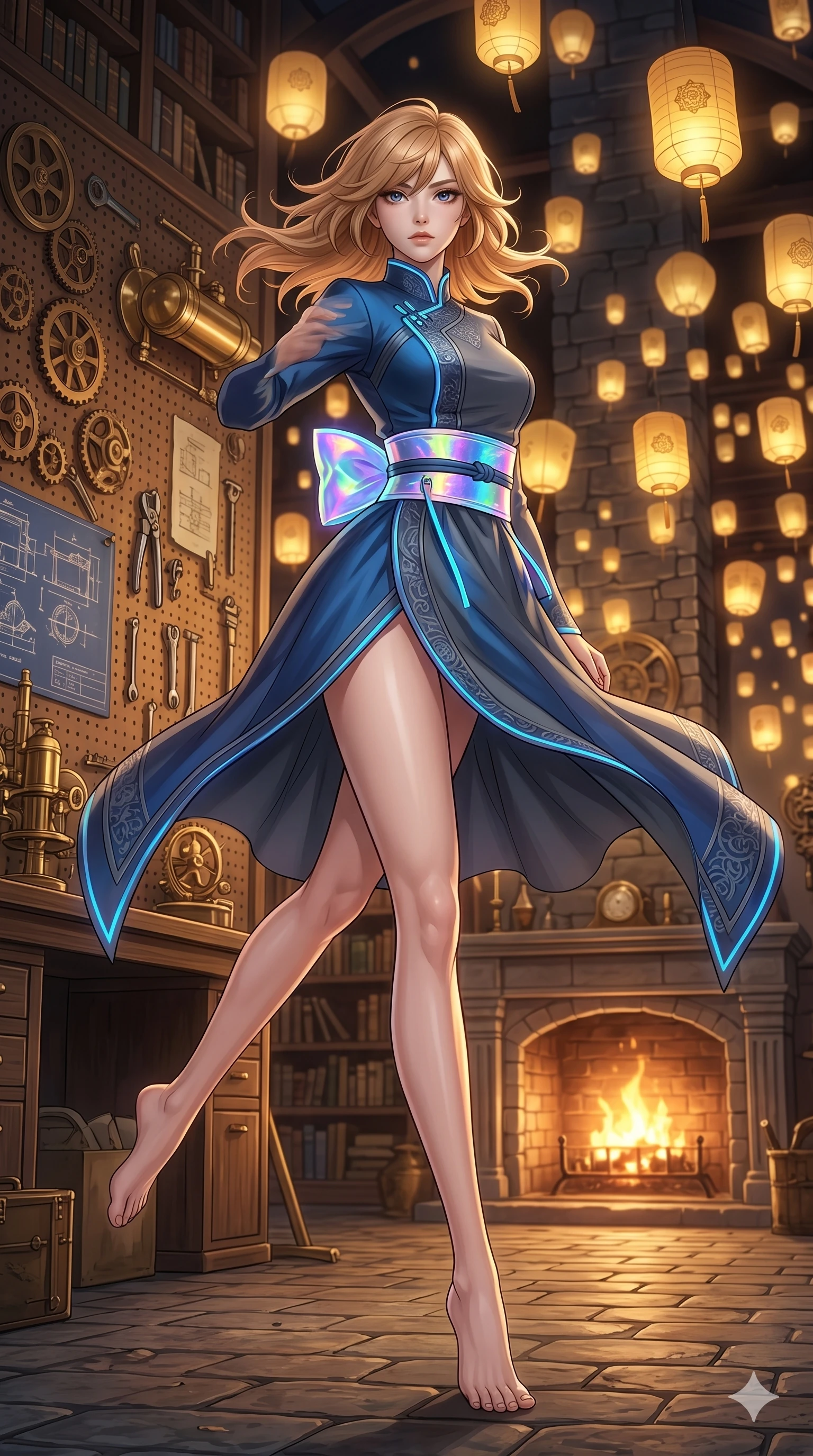 score_9, masterpiece, best quality, ultra-detailed, high-budget anime keyframe, editorial fashion photography, tasteful artistic composition, Korean woman. low angle full-body shot from head to toe showing her feet, filling the entire 9:16 vertical frame with her statuesque presence, stretching her vertical silhouette. Executing a dynamic turning step with one leg extended behind her, highlighting her athletic build within a steampunk workshop with tools hanging on pegboards and a glowing fireplace. She has an absolutely perfect 8-heads proportion, an exceptionally tall and slender female figure with impossibly long slender legs and an ultra-slim waist. V-shaped jawline, high-bridge nose, intricate jewel-like eyes with depth, thick eyelashes, glossy lips with a natural sheen. wearing a modern cyber-hanbok dress with holographic obi belt and an asymmetric high-cut hemline. illuminated by thousands of floating golden lanterns casting a soft, warm, glowing atmosphere. 2k, ultra detail, master piece, 9:16 ratio