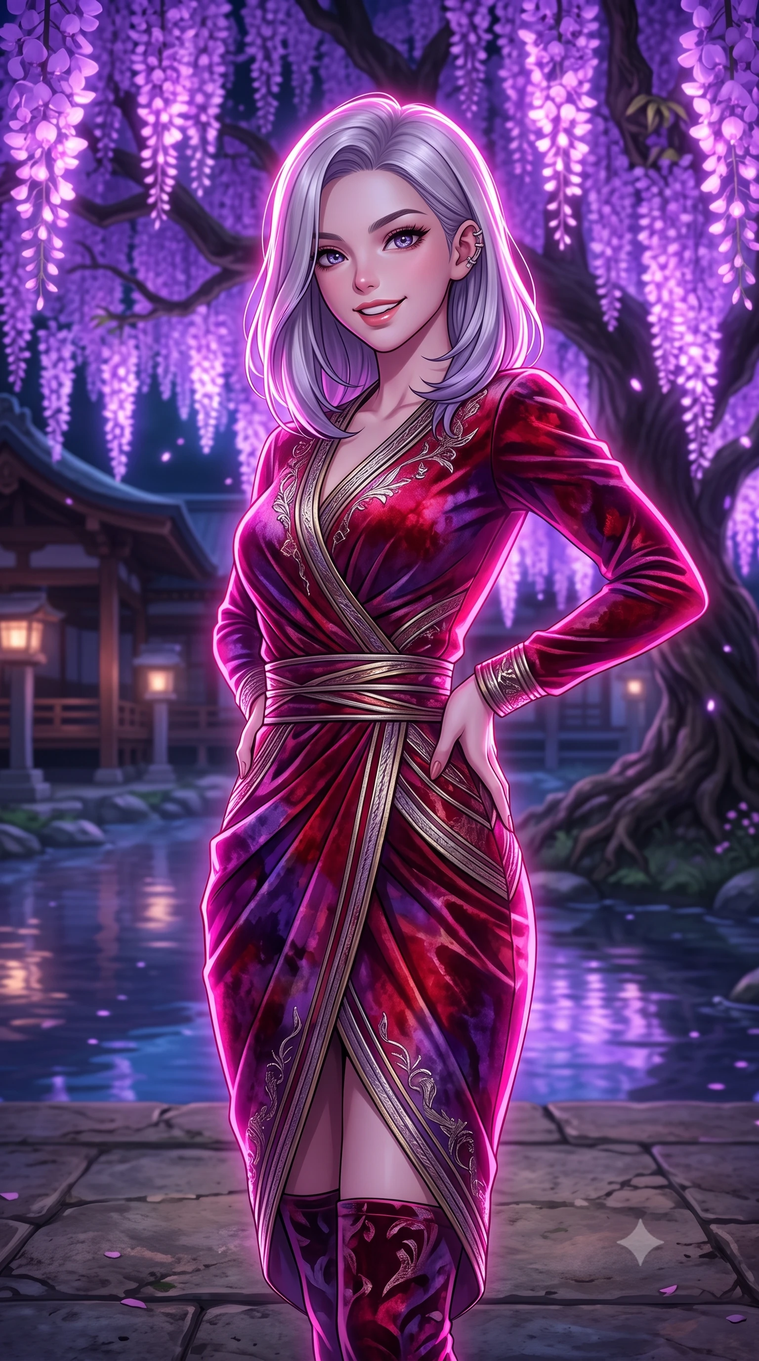 score_9, masterpiece, best quality, ultra-detailed, high-budget anime keyframe, editorial fashion photography, tasteful artistic composition, Caucasian woman, strictly human ears. close-up cowboy shot from the waist and thighs up, the character dominates the composition, filling the frame with her large presence, background elements kept in soft focus. Casting a bright, energetic glance toward the camera with a cheerful grin. set against a soft-focus background of in a traditional wooden shrine courtyard surrounded by giant wisteria trees with glowing purple flowers hanging over a calm, reflecting river. She has an exceptionally elegant, slender, and willowy female figure with a highly-defined ultra-slim waist, a gracefully sculpted slender torso, and a refined slim-fit silhouette that contours her form. sharp v-shaped jawline, high-bridge nose, intricate jewel-like eyes with depth, thick eyelashes, glossy lips with a natural sheen. wearing a wrap-front fitted midi dress in deep crimson and violet watercolor velvet, drawing focus to her slender waist. brilliant cinematic volumetric lighting with intense neon rim light outlining her form. 2k, ultra detail, master piece, 9:16 ratio