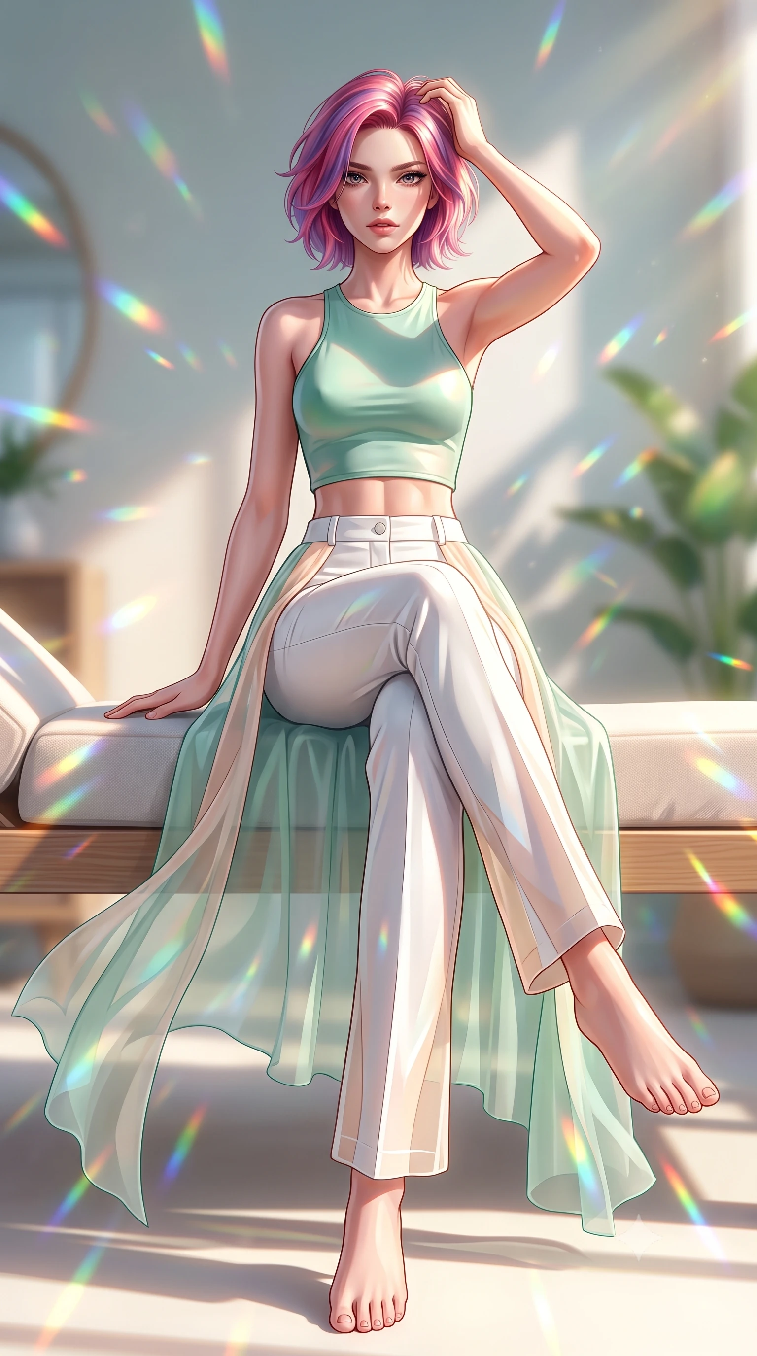 score_9, masterpiece, best quality, ultra-detailed, high-budget anime keyframe, semi-realistic 3D game render, editorial fashion photography, tasteful artistic composition, Caucasian woman. low angle full-body shot from head to toe showing her feet, filling the entire 9:16 vertical frame with her statuesque presence, stretching her vertical silhouette. sitting poised on the elevated edge with legs crossed and extended, her tall 8.5-heads proportions dominating the scene with effortless poise while sitting poised on the edge of the sunbed, running fingers through her sun-kissed hair with effortless supermodel charm. The composition keeps background elements in soft focus with creamy bokeh. sunlight prism refractions through solar glass scattering dancing rainbow light motes across the room. She has an absolutely perfect, statuesque 8.5-heads proportion, an exceptionally tall and slender model-like female figure with impossibly long slender legs, a toned flat midriff, and an ultra-slim waist. sharp v-shaped jawline, high-bridge nose, intricate jewel-like eyes with depth, thick eyelashes, glossy parted lips with a natural sheen, intensely captivating and seductive expression, flawlessly proportioned anatomical accuracy, strict slender model proportions, natural body alignment, perfectly sculpted long slender limbs, ultra-slim waistline, clean dynamic posture without body distortion. wearing an aerodynamic eco-chic racerback crop tank with high-waisted white utility trousers in eucalyptus mint green and pale peach, crafted from weightless prism organza that refracts light with every motion, finished with flowing sheer chiffon train panels floating in the breeze, the breezy yet form-flattering drape swaying gracefully with her steps, accentuating her long willowy limbs and ultra-slim waistline. surrounded by an optimistic, radiant, and breathlessly beautiful eco-utopian goddess aura. highly saturated vibrant anime colors, detailed shading with soft gradients, rich glossy textures, high-contrast stereoscopic depth, volumetric dynamic lighting, master piece, 9:16 ratio