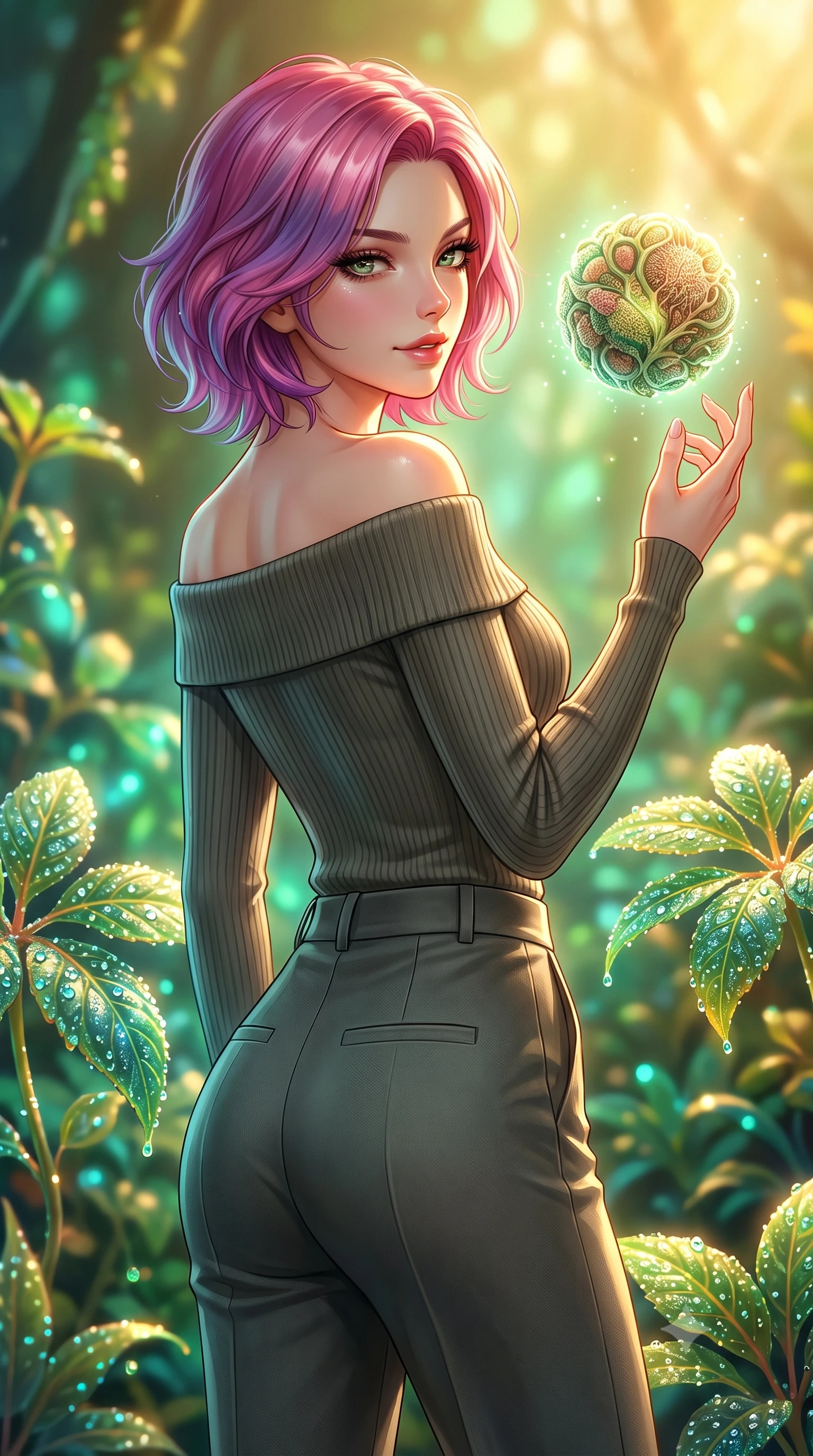 score_9, masterpiece, best quality, ultra-detailed, high-budget anime keyframe, editorial fashion photography, tasteful artistic composition, Caucasian woman. close-up cowboy shot from the waist and thighs up, the character dominates the composition, filling the frame with her large presence, background elements kept in soft focus. Glancing sidelong over her shoulder with a smoldering half-smile and heavy lashes interacting with a floating biomorphic pollen orb in a sunlit sanctuary, dewdrops on bioluminescent leaves reflecting vibrant emerald and gold. She has an exceptionally elegant, slender, and willowy female figure with an ultra-slim waist, a gracefully sculpted slender torso, and a refined silhouette. sharp v-shaped jawline, high-bridge nose, intricate jewel-like eyes with depth, thick eyelashes, glossy lips with a natural sheen. wearing a sleek off-shoulder ribbed cashmere knit top paired with high-waist tailored pants, the sleek second-skin texture accentuating her magnetic presence. bathed in warm golden sunlight and soft emerald bioluminescent glow. highly saturated vibrant anime colors, detailed shading with soft gradients, rich glossy textures, high-contrast stereoscopic depth, volumetric dynamic lighting, master piece, 9:16 ratio