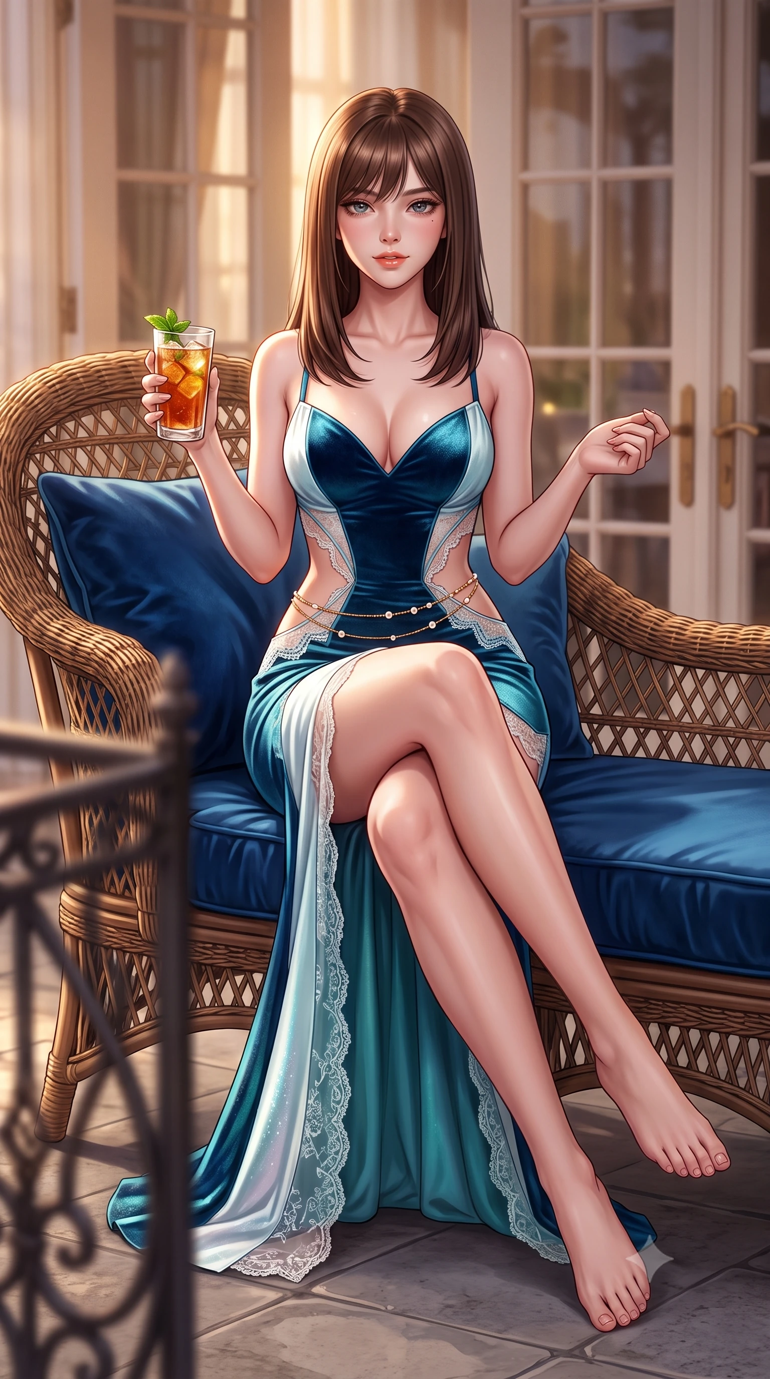 score_9, masterpiece, best quality, ultra-detailed, high-budget anime keyframe, semi-realistic 3D game render, editorial fashion photography, tasteful artistic composition, Korean woman. low angle full-body shot from head to toe showing her feet, filling the entire 9:16 vertical frame with her statuesque presence, stretching her vertical silhouette. stepping slowly toward the camera with hypnotic grace, hips swaying in an alluring sensual rhythm that accentuates her curvy hourglass silhouette and long slender legs while lounging gracefully on a vintage wicker chaise lounge with legs crossed, holding a glass of iced tea with an intoxicating, smoldering gaze. The background shows a soft-focus wrought-iron balcony balustrades softened in romantic aristocratic estate shallow focus. She has an absolutely perfect, statuesque 8.5-heads proportion, an exceptionally tall and slender model-like female figure with impossibly long slender legs, an ultra-slim waist, a flat toned midriff, narrow delicate ribcage, and beautifully sculpted feminine hips creating a graceful, slim hourglass silhouette without any bulky heaviness. sharp v-shaped jawline, high-bridge nose, sparkling eyes with hypnotic seductive depth, thick curled eyelashes, glossy parted lips with a natural dewy peach sheen, alluring bedroom-eyes with an enchanting coquettish smile, exuding magnetic siren charisma and sophisticated glamour, flawlessly proportioned anatomical accuracy, strict slender model proportions, natural body alignment, perfectly sculpted long slender limbs, ultra-slim waistline, clean dynamic posture without body distortion. wearing a deep sweetheart-neckline velvet bodycon dress with sheer side-torso cutouts accentuating her hourglass curves in celestial water-lily white and shimmering aquamarine, made of delicate semi-sheer French Chantilly lace with intricate eyelash edges, accented with a dainty gold belly chain resting across her flat midriff and curving hips, the glove-like clinging cut tightly following the natural contour of her hips and long slender legs with youthful 8.5-heads elegance. illuminated by glass door reflections and sharp warm-gold rim lights sculpting her delicate clavicles, ultra-slim waist, and curvy hips. highly saturated vibrant anime colors, detailed shading with soft gradients, rich glossy textures, high-contrast stereoscopic depth, volumetric dynamic lighting, master piece, 9:16 ratio