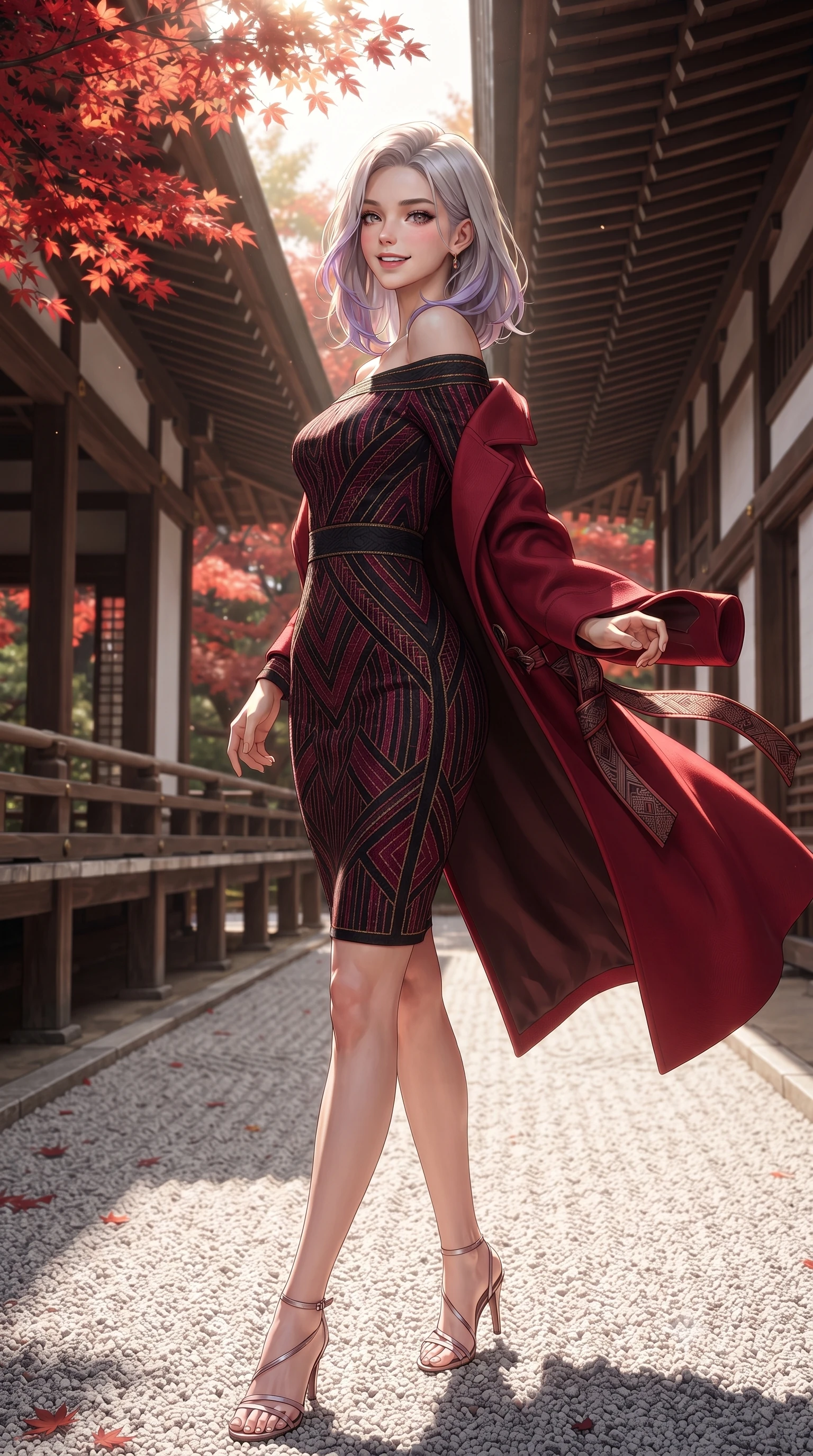 score_9, masterpiece, best quality, ultra-detailed, high-budget anime keyframe, editorial fashion photography, tasteful artistic composition, Caucasian woman. low angle full-body shot from head to toe showing her feet, filling the entire 9:16 vertical frame with her statuesque presence, stretching her vertical silhouette. posing in a classic haute-couture S-curve stance beside the floor-to-ceiling window, looking over a bare shoulder with magnetic presence while walking along the exterior wooden gallery overlooking raked white gravel and flaming crimson maple leaves, her tailored coat flowing with poise. The surrounding environment is rendered in vivid detail and crisp panoramic clarity: detailed modern kimono-wrap wool coat tailoring, sash belt knot, and classical Japanese temple joinery in razor-sharp precision. She has an exceptionally tall and slender model-like 8.5-heads proportion, an ultra-slim waist, a flat toned midriff, narrow delicate ribcage, and beautifully sculpted feminine hips creating a graceful, slim hourglass silhouette without any bulky heaviness, with impossibly long slender legs. sharp v-shaped jawline, high-bridge nose, intricate jewel-like sparkling eyes with depth, thick eyelashes, glossy parted lips with a natural peach sheen, bright cheerful beaming smile with an enchanting and coquettish sensual glint, exuding both youthful cute charm and seductive allure, flawlessly proportioned anatomical accuracy, strict slender model proportions, natural body alignment, perfectly sculpted long slender limbs, ultra-slim waistline, clean dynamic posture without body distortion. wearing a form-contouring Art Deco geometric patterned knit bodycon dress hugging her slender frame with golden thread accents in Kyoto autumn maple crimson and deep ink black, tailored from stretch wool crepe providing structured compression and razor-sharp bodycon lines, finished with a narrow velvet neck ribbon and a sparkling teardrop crystal pendant, the second-skin tailored fabric adhering flawlessly to her sculpted flat midriff and slender torso, emphasizing her long leg lines and perfectly proportioned willowy build. illuminated by white gravel garden bounce and warm vermilion-gold rim lights defining her delicate features, jawline, and graceful silhouette. ultra-reflective glossy finish, specular highlights, rich textural contrasts, high-contrast stereoscopic depth, volumetric dynamic lighting, 2k, ultra detail, master piece, 9:16 ratio