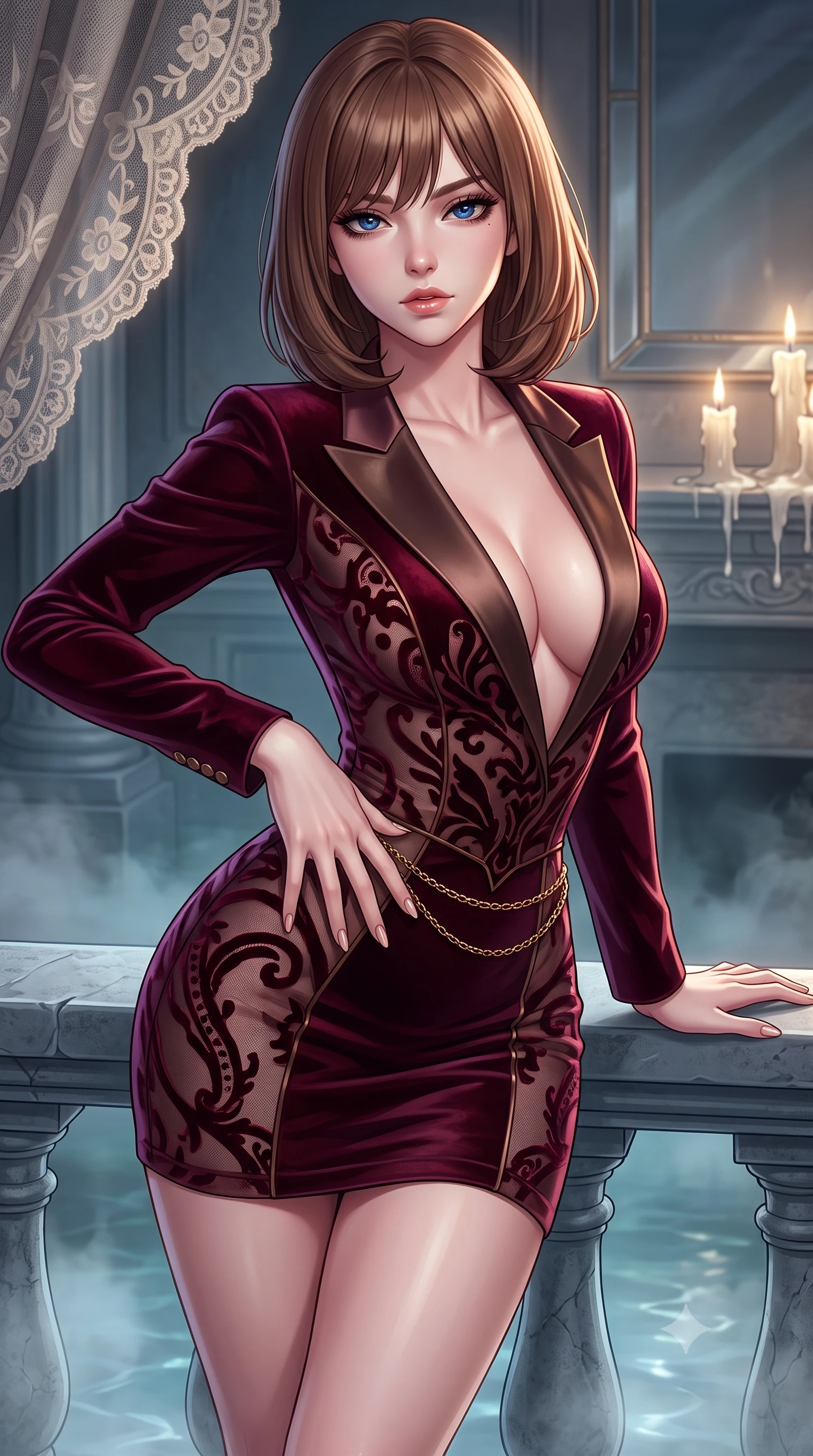 score_9, masterpiece, best quality, ultra-detailed, high-budget anime keyframe, semi-realistic 3D game render, editorial fashion photography, tasteful artistic composition, Caucasian woman. close-up cowboy shot from the waist and thighs up, the character dominates the composition, filling the frame with her large presence. resting one manicured hand delicately on her hip bone, her upper body turning in a fluid, seductive S-curve while parted lips glisten in the light while resting one hand on the cold stone balustrade above the mist-veiled subterranean pool, lower back arched to emphasize her sculpted feminine hips. The surrounding environment is rendered in vivid detail and crisp panoramic clarity. detailed antique lace embroidery, mirror bevel clarity, and dripping candle wax beads in high clarity. She has an exceptionally elegant, slender, and willowy female figure with an ultra-slim waist, flat toned midriff, narrow ribcage, and sculpted feminine hips creating an alluring, slim hourglass silhouette without bulk. sharp v-shaped jawline, high-bridge nose, intricate jewel-like eyes with depth, thick eyelashes, glossy parted lips with a natural sheen, intensely captivating and seductive bedroom-eyes expression, flawlessly proportioned anatomical accuracy, strict slender model proportions, natural body alignment, perfectly sculpted long slender limbs, ultra-slim waistline, clean dynamic posture without body distortion. wearing a tailored velvet tuxedo jacket dress with satin lapels, worn with a deep plunge neckline and gold hip buckle in deep wine burgundy and antique bronze, made of sheer contouring power-mesh with velvet flocking patterns, accented with a delicate gold chain belt resting loosely on her curvy hips, the glove-like aerodynamic silhouette tightly following the natural contour of her hips and long slender legs with statuesque 8.5-heads elegance. illuminated by rich specular rim lights defining her razor-sharp jawline, narrow waist, and curvy hips. highly saturated vibrant anime colors, detailed shading with soft gradients, rich glossy textures, high-contrast stereoscopic depth, volumetric dynamic lighting, master piece, 9:16 ratio