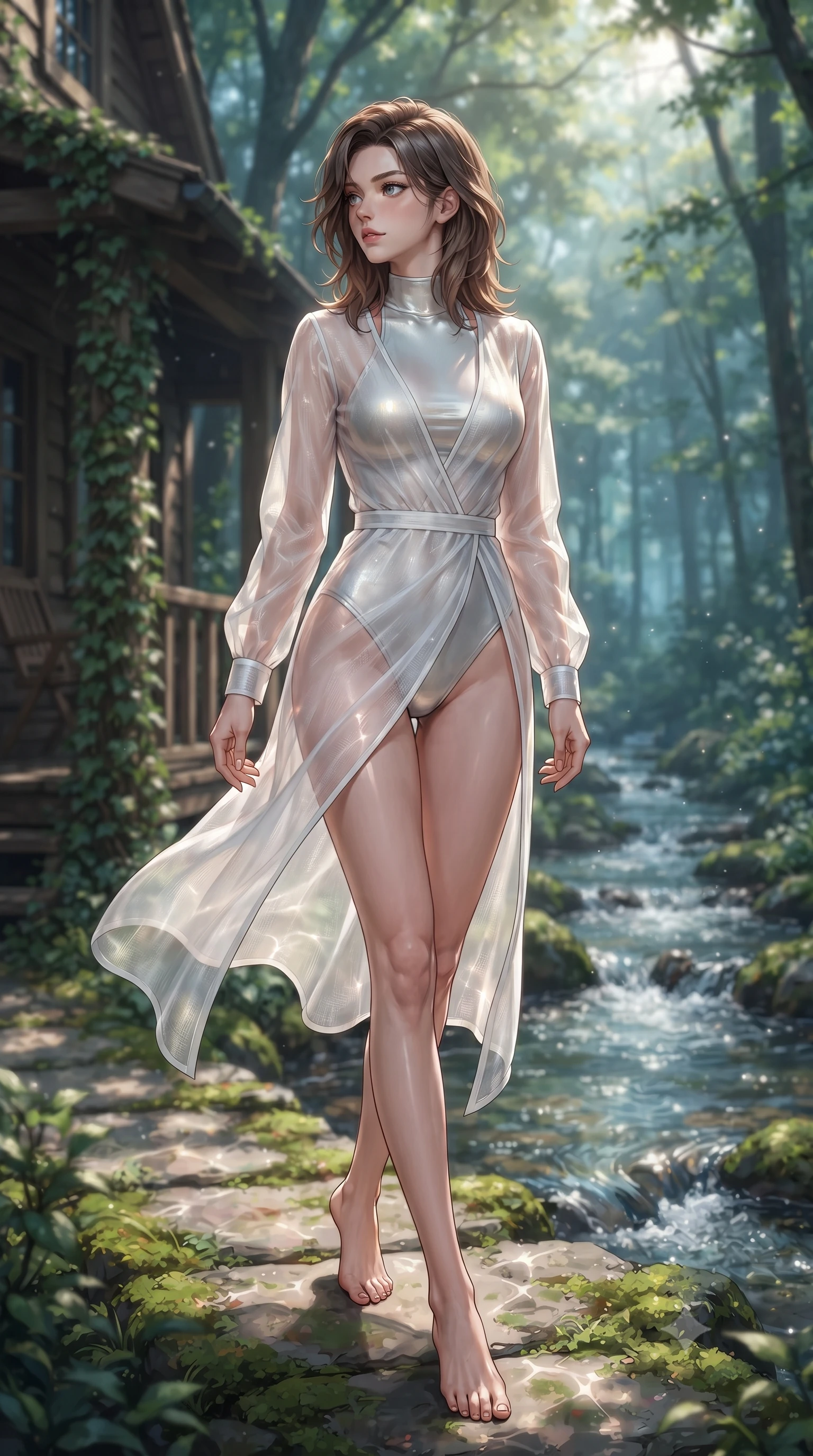 score_9, masterpiece, best quality, ultra-detailed, high-budget anime keyframe, editorial fashion photography, tasteful artistic composition, Korean woman woman. low angle full-body shot from head to toe showing her feet, filling the entire 9:16 vertical frame with her statuesque presence, stretching her vertical silhouette. stepping gracefully while looking back over her shoulder, her dress draped tightly to reveal her silhouette the background shows a soft-focus a cozy cottage porch beside a bubbling forest stream with clear running water. She has an absolutely perfect, statuesque 8.5-heads proportion, an exceptionally tall and slender model-like female figure with impossibly long slender legs and an ultra-slim waist. sharp v-shaped jawline, high-bridge nose, intricate jewel-like eyes with depth, thick eyelashes, glossy lips with a natural sheen. wearing a slim-fit sheer white organza resort cover-up worn over a form-fitting one-piece swimsuit, showing her elegant clavicle lines. dappled sunbeams reflecting off the moving water surface onto her form. ultra-reflective glossy finish, specular highlights, metallic sheen, high-contrast stereoscopic depth, volumetric dynamic lighting, 2k, ultra detail, master piece, 9:16 ratio