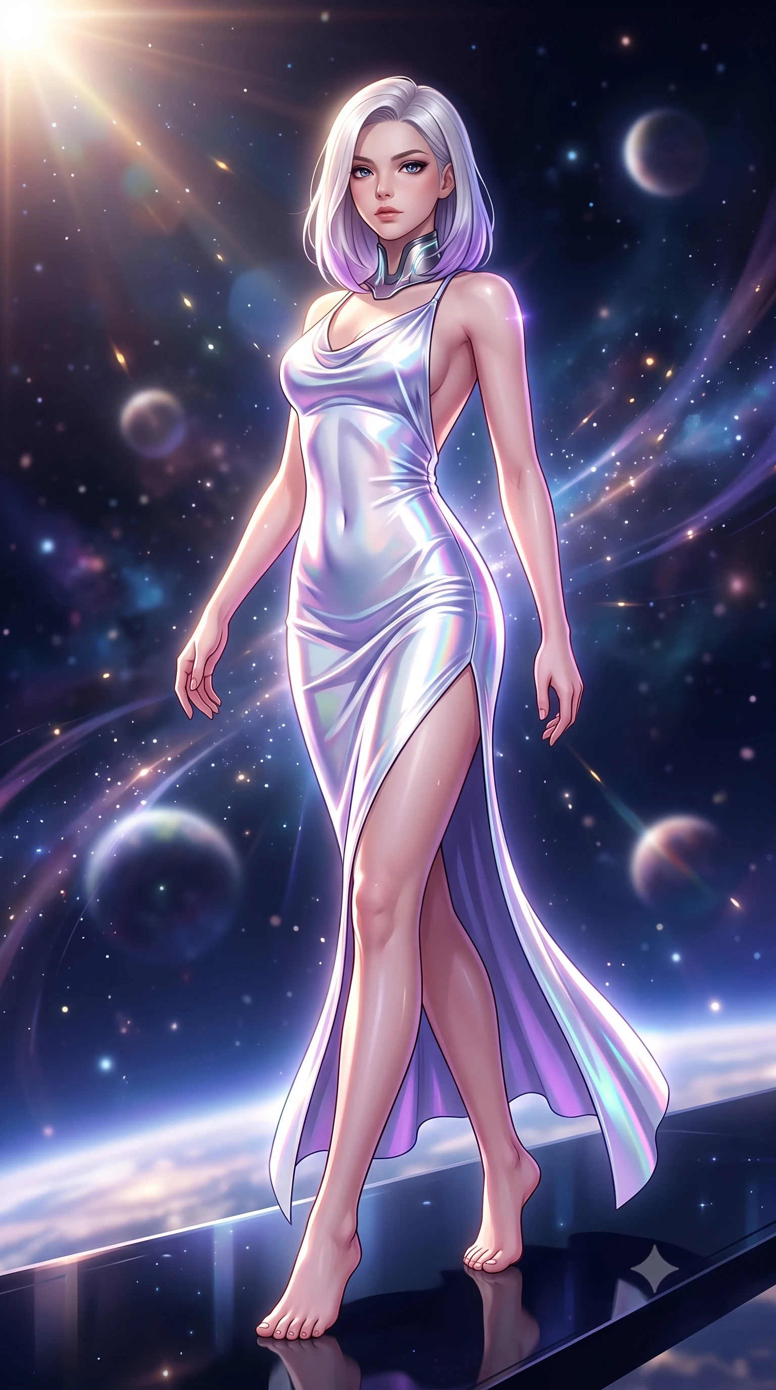 score_9, masterpiece, best quality, ultra-detailed, high-budget anime keyframe, semi-realistic 3D game render, editorial fashion photography, tasteful artistic composition, Caucasian woman. low angle full-body shot from head to toe showing her feet, filling the entire 9:16 vertical frame with her statuesque presence, stretching her vertical silhouette. striding forward with commanding supermodel grace, her 8.5-heads statuesque silhouette dominating the vertical frame from head to toe while arching her spine in a fluid zero-gravity turn as solar wind flares and cosmic rays trace her statuesque silhouette. The composition keeps background elements in soft focus with creamy bokeh. brilliant solar flare rays and starlight scattering radiant light motes across a deep space backdrop. She has an absolutely perfect, statuesque 8.5-heads proportion, an exceptionally tall and slender model-like female figure with impossibly long slender legs, a toned flat midriff, and an ultra-slim waist. sharp v-shaped jawline, high-bridge nose, intricate jewel-like eyes with depth, thick eyelashes, glossy lips with a natural sheen, flawlessly proportioned anatomical accuracy, strict slender model proportions, natural body alignment, perfectly sculpted long slender limbs, ultra-slim waistline, clean dynamic posture without body distortion. wearing a precision-fitted liquid jersey bodycon gown in radiant chrome and white, featuring an open cowl back and high side slit in iridescent holographic chrome with prism violet highlights, made of liquid jersey fabric that clings flawlessly to every contour of her build, featuring a sleek aerodynamic collar framed by subtle glowing cybernetic accents, the liquid-tight tailored fabric emphasizing every curve of her tall, slender model proportions and sculptured silhouette during dynamic movement. surrounded by an awe-inspiring, supreme, and radiantly divine cosmic sovereign aura. rich saturated anime colors with glowing neon highlights, detailed shading with soft gradients, rich glossy textures, high-contrast stereoscopic depth, volumetric dynamic lighting, master piece, 9:16 ratio