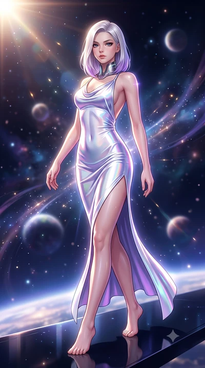 score_9, masterpiece, best quality, ultra-detailed, high-budget anime keyframe, semi-realistic 3D game render, editorial fashion photography, tasteful artistic composition, Caucasian woman. low angle full-body shot from head to toe showing her feet, 