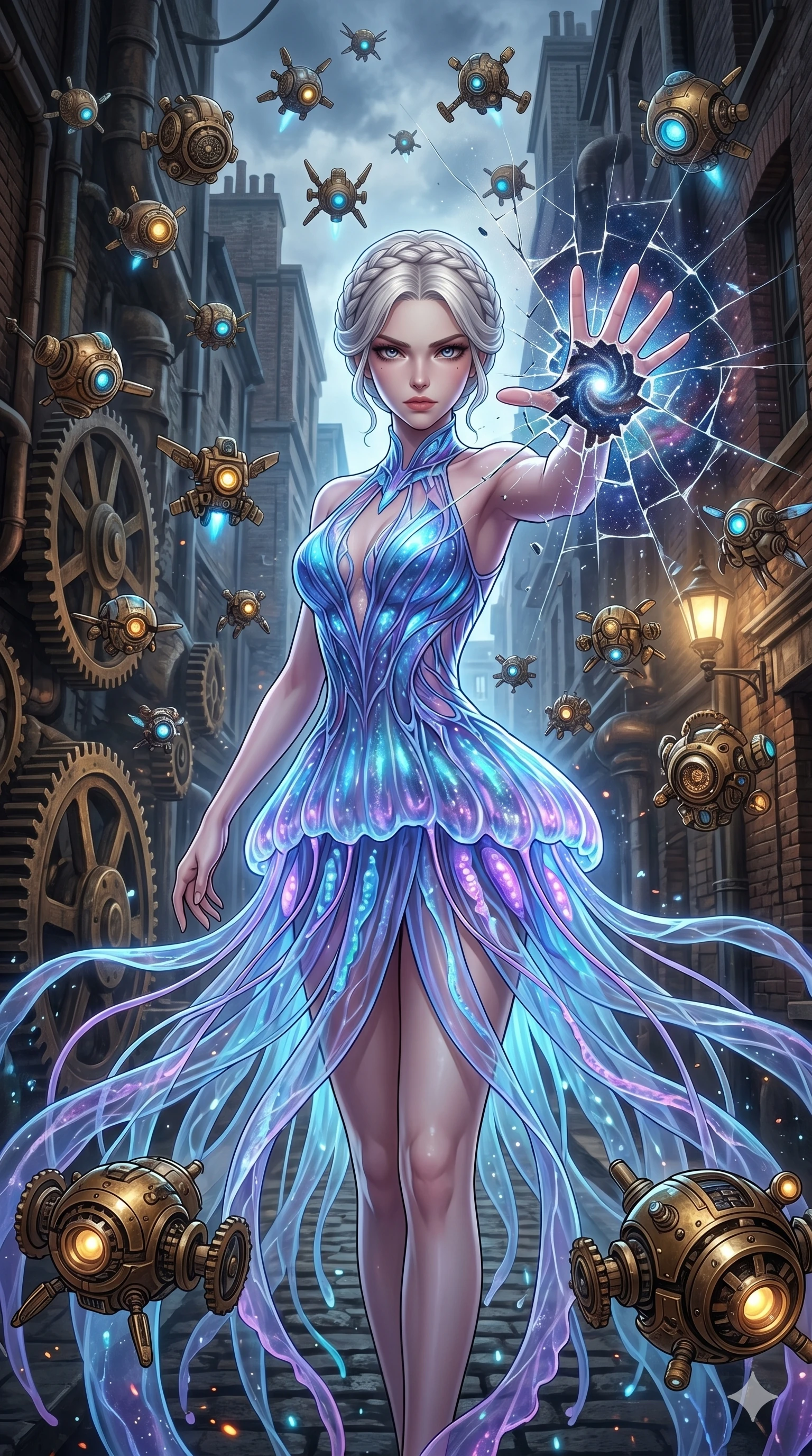 score_9, masterpiece, best quality, ultra-detailed, Set A: High-budget Anime Keyframe, Japanese woman. Upper body close-up from the thighs up, character filling the screen for maximum presence. Theme: Primal Nature. shattering the fabric of reality in a steampunk London alleyway, surrounded by 119 hovering guardian drones. The atmosphere is filled with a swirling vortex of stars. She has an absolutely perfect 8-heads proportion, an exceptionally tall and slender female figure with impossibly long slender legs and an ultra-slim waist. Sharp v-shaped jawline, high-bridge nose, intricate jewel-like eyes with depth, glossy lips. Wearing Bioluminescent jellyfish-inspired dress with long flowing transparent tentacles. Cinematic lighting, vivid colors, dramatic shadows, 2k, ultra detail, master piece, 9:16 ratio