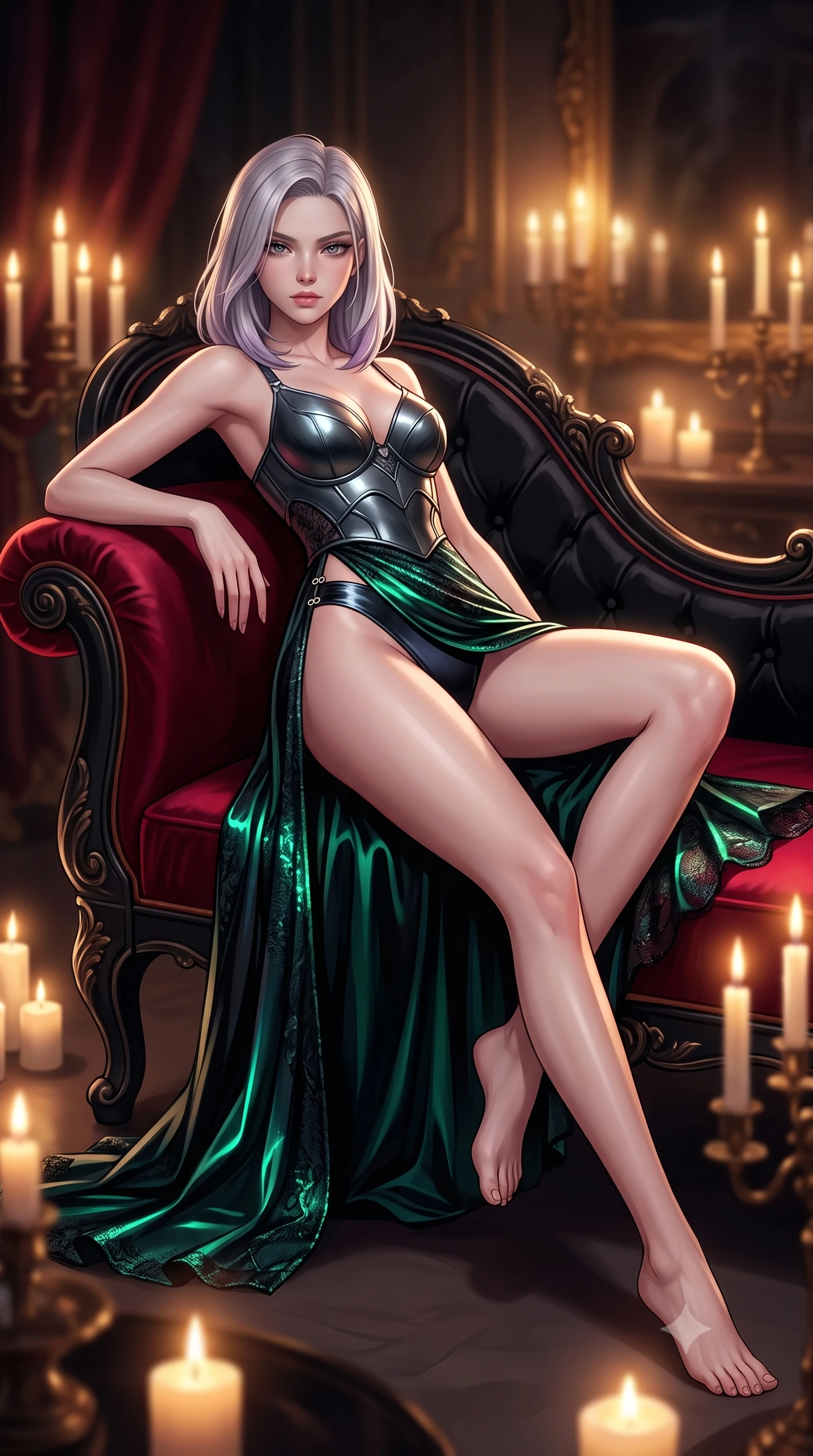 score_9, masterpiece, best quality, ultra-detailed, high-budget anime keyframe, semi-realistic 3D game render, editorial fashion photography, tasteful artistic composition, Caucasian woman. low angle full-body shot from head to toe showing her feet, filling the entire 9:16 vertical frame with her statuesque presence, stretching her vertical silhouette. striding forward in a proud, statuesque motion with a dangerous smolder, hips swaying with fierce allure, dominating the frame from head to toe while lounging seductively across an antique black and crimson velvet chaise lounge in a candle-lit private boudoir. The composition keeps background elements in soft focus with creamy bokeh. warm candle flames scattering soft, romantic golden glow across a dark interior backdrop. She has an absolutely perfect, statuesque 8.5-heads proportion, an exceptionally tall and slender model-like female figure with impossibly long slender legs, a toned flat midriff, and an ultra-slim waist. sharp v-shaped jawline, high-bridge nose, intricate jewel-like eyes with depth, thick eyelashes, glossy lips with a natural sheen, flawlessly proportioned anatomical accuracy, strict slender model proportions, natural body alignment, perfectly sculpted long slender limbs, ultra-slim waistline, clean dynamic posture without body distortion. wearing a sculpted dark metallic breastplate bodice paired with high-cut satin briefs and a fluid draped side skirt in high-gloss lacquer black and electric emerald highlights, crafted from delicate dark lace interwoven with luminescent micro-fibers, finished with an ultra-high side slit secured by miniature magnetic clasps, the glove-like aerodynamic second-skin fit tightly clinging to her ultra-slender waist and athletic curves without adding bulk, accentuating her razor-sharp statuesque lines and slim hourglass silhouette. surrounded by an opulent, decadent, and intensely seductive private boudoir atmosphere. rich saturated anime colors with deep moody shadows, detailed chiaroscuro shading with soft gradients, rich glossy textures, high-contrast stereoscopic depth, volumetric dynamic shadow lighting, master piece, 9:16 ratio