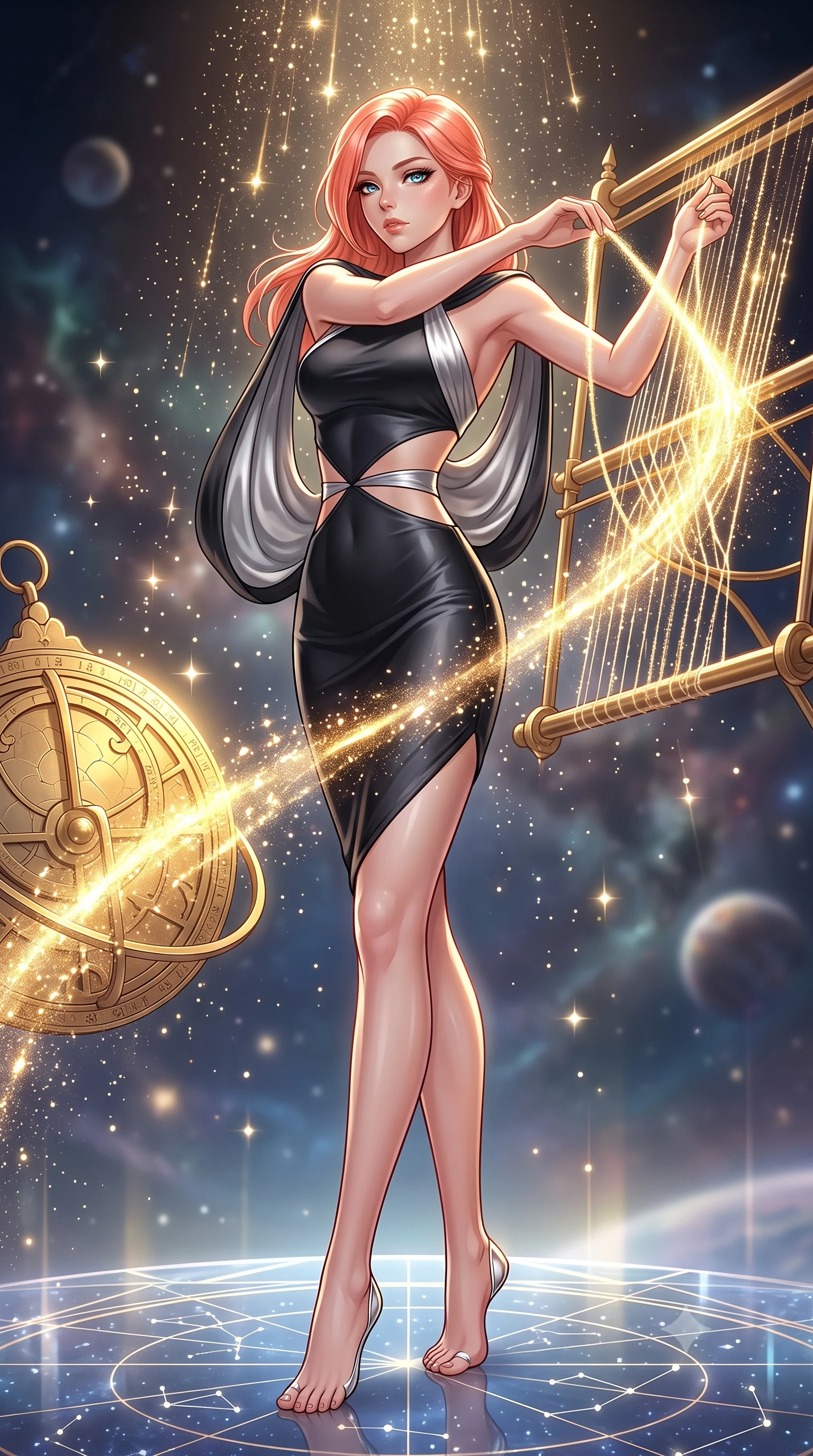 score_9, masterpiece, best quality, ultra-detailed, high-budget anime keyframe, editorial fashion photography, tasteful artistic composition, Japanese woman. low angle full-body shot from head to toe showing her feet, filling the entire 9:16 vertical frame with her statuesque presence, stretching her vertical silhouette. interacting gracefully with the magical floating elements while maintaining a confident posture threading brilliant comet dust through a golden celestial loom, starlight particles falling like a golden shower around her. She has an absolutely perfect, statuesque 8.5-heads proportion, an exceptionally tall and slender model-like female figure with impossibly long slender legs and an ultra-slim waist. sharp v-shaped jawline, high-bridge nose, intricate jewel-like eyes with depth, thick eyelashes, glossy lips with a natural sheen. wearing a precision-fitted liquid jersey bodycon dress with a draped back in matte black and polished silver, crafted from smooth liquid silk, featuring subtle geometric cutouts that highlight her ultra-slim midriff, the elegant draped fit framing her graceful clavicle and slender torso. illuminated by brilliant starlight and warm golden inner glow from the astrolabe. highly saturated vibrant anime colors, detailed shading with soft gradients, rich glossy textures, high-contrast stereoscopic depth, volumetric dynamic lighting, master piece, 9:16 ratio