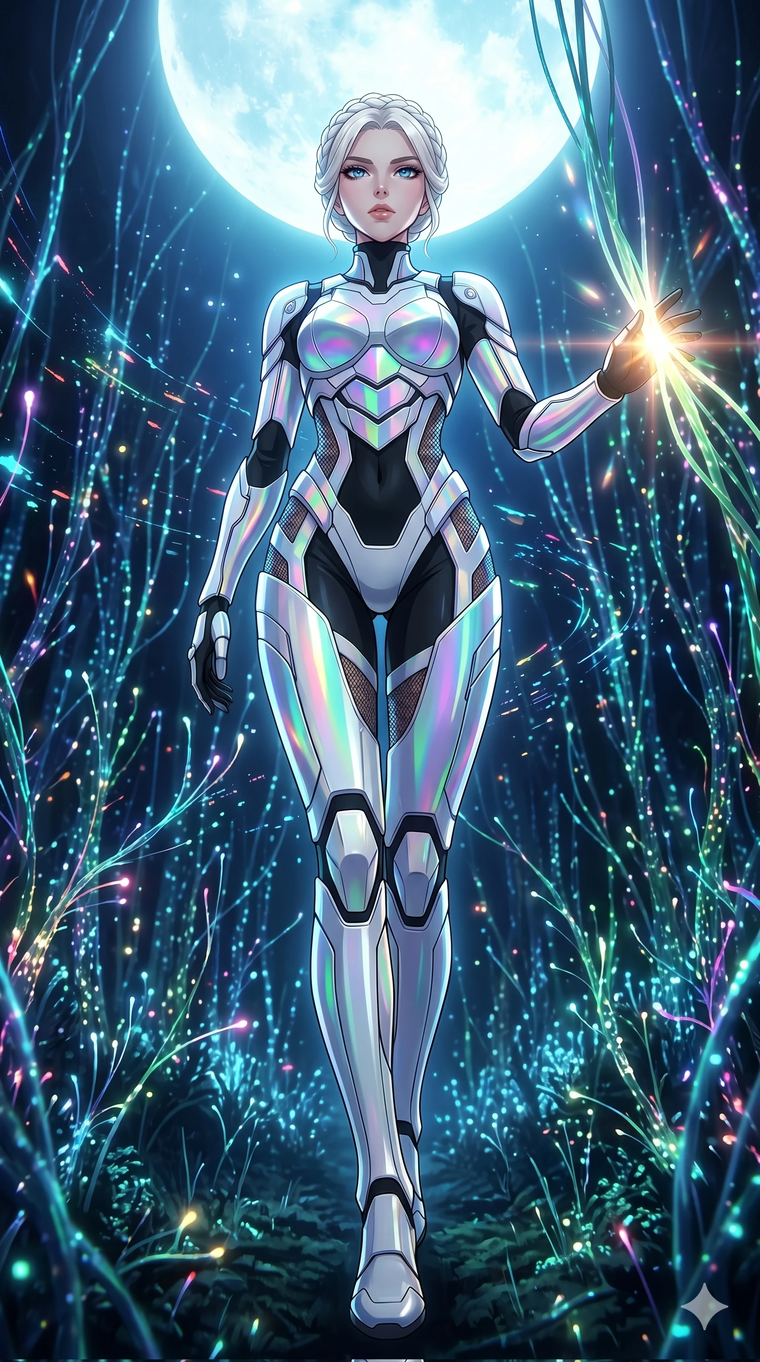 score_9, masterpiece, best quality, ultra-detailed, High-budget Anime Keyframe, vibrant colors, fluid line-art, expressive lighting, cinematic composition, Ufotable-style visual effects, top-tier animation quality, Korean woman with idol-like refined features. Dynamic full-body shot stretching the vertical silhouette, capturing her from a powerful low-angle perspective. Walking through a forest of fiber-optic vines that react to her touch by glowing brighter. She has an absolutely perfect 8-heads proportion, an exceptionally tall and slender female figure with impossibly long slender legs and an ultra-slim waist, her statuesque height and towering silhouette dominating the vertical 9:16 frame. Her face is a masterpiece featuring a sharp v-shaped jawline, high-bridge nose, intricate jewel-like eyes with depth, thick eyelashes, and glossy lips with a natural sheen. She is wearing a White chrome-plated armor plating over a black plugsuit, featuring holographic fabric that shifts colors based on light and peek-a-boo mesh.. The scene is set in a mystical grove under a giant glowing moon that illuminates the fiber-optic flora. 2k, ultra detail, master piece, 9:16 ratio