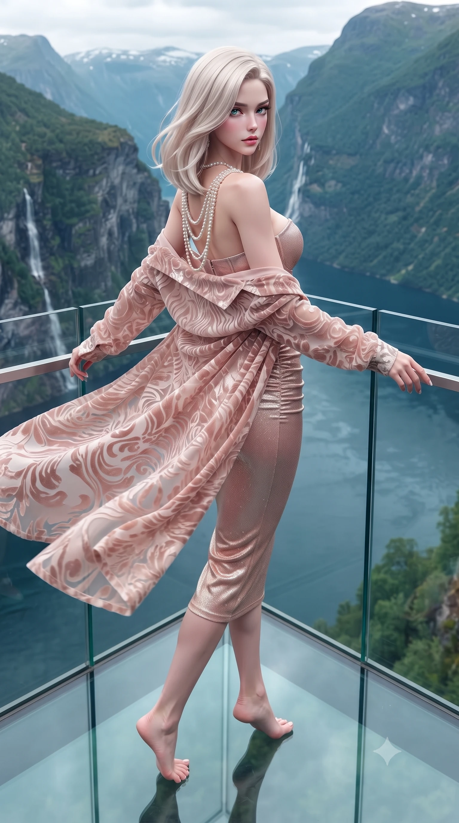 score_9, masterpiece, best quality, ultra-detailed, high-budget anime keyframe, semi-realistic 3D game render, editorial fashion photography, tasteful artistic composition, Caucasian woman. low angle full-body shot from head to toe showing her feet, filling the entire 9:16 vertical frame with her statuesque presence, stretching her vertical silhouette. executing an elegant mid-motion pivot turn as garments swirl around her slender limbs, glancing over her shoulder with an intoxicating bedroom-gaze while turning in an alluring contrapposto stance as alpine winds whip her long coat, gazing toward the roaring Seven Sisters waterfalls across the chasm. The surrounding environment is rendered in vivid detail and crisp panoramic clarity. sharp glass platform edge joints, mountain cliff rock texture, and fjord water ripple clarity in deep focus. She has an exceptionally tall and slender model-like 8.5-heads proportion, an ultra-slim waist, a flat toned midriff, narrow delicate ribcage, and beautifully sculpted feminine hips creating a graceful, slim hourglass silhouette without any bulky heaviness, with impossibly long slender legs. sharp v-shaped jawline, high-bridge nose, intricate jewel-like eyes with depth, thick eyelashes, glossy parted lips with a natural sheen, intensely captivating and seductive bedroom-eyes expression, flawlessly proportioned anatomical accuracy, strict slender model proportions, natural body alignment, perfectly sculpted long slender limbs, ultra-slim waistline, clean dynamic posture without body distortion. wearing an ultra-fitted strapless bustier midi dress with side hip ruching and exposed spine in dusky blush rose and champagne shimmer, made of sheer contouring power-mesh with velvet flocking patterns, accented with a multi-strand pearl back necklace cascading down her bare spine to her hips, the second-skin form-contouring cut accentuating her sculpted flat midriff, narrow delicate ribcage, and gracefully curvy hips with supermodel precision. illuminated by crisp northern fjord ambient light contouring her razor-sharp jawline, narrow waist, and curvy hips. highly saturated vibrant anime colors, detailed shading with soft gradients, rich glossy textures, high-contrast stereoscopic depth, volumetric dynamic lighting, master piece, 9:16 ratio