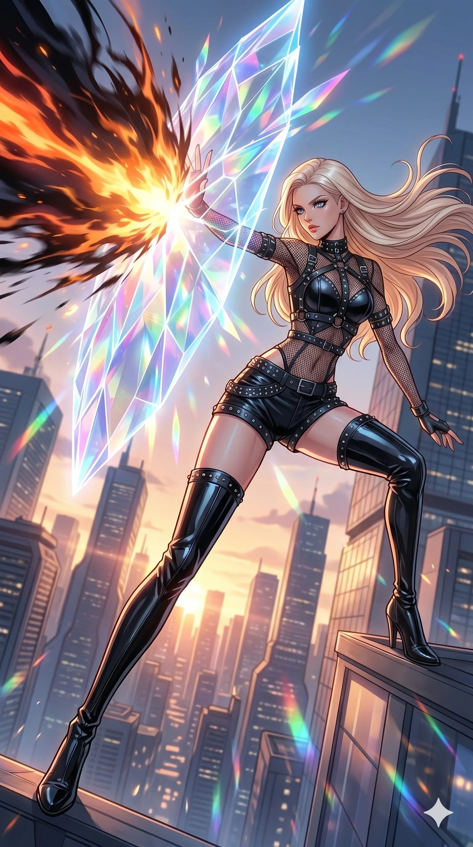 score_9, masterpiece, best quality, ultra-detailed, high-budget anime movie keyframe, cinematic anime lighting, intricate line art, Korean woman. Dynamic full-body shot stretching the vertical silhouette with extreme perspective. weaving a shield of crystalline light to block a magical blast. She has an absolutely perfect 8-heads proportion, an exceptionally tall and slender female figure with an ultra-slim waist and impossibly long slender legs. strictly human anatomy, two legs only, no extra limbs, clearly defined legs and arms, perfect anatomy, perfect hands and fingers. sharp v-shaped jawline, high-bridge nose, intricate jewel-like eyes, thick eyelashes, glossy lips. Wearing K-Idol Stage: Leather harness over mesh, high-cut bodysuit, studded micro-shorts, and thigh-high patent boots. The scene is illuminated by dramatic atmospheric lighting and vibrant color palettes. , 2k, ultra detail, master piece, 9:16 ratio