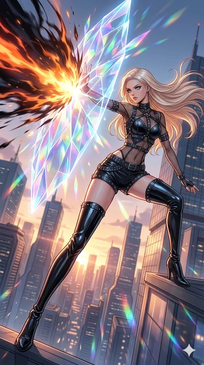 score_9, masterpiece, best quality, ultra-detailed, high-budget anime movie keyframe, cinematic anime lighting, intricate line art, Korean woman. Dynamic full-body shot stretching the vertical silhouette with extreme perspective. weaving a shield of 