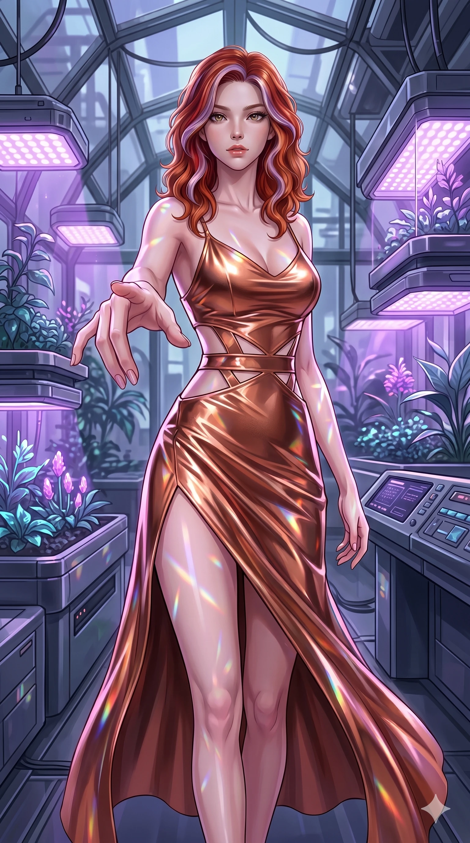 score_9, masterpiece, best quality, ultra-detailed, high-budget anime keyframe, editorial fashion photography, tasteful artistic composition, Caucasian woman, strictly human ears. cowboy shot from the thighs up, character and outfit filling the frame for maximum editorial presence. Reaching one hand toward the viewer with relaxed elegance, her fingers softly bent inside a cybernetic greenhouse with automated grow-lamps casting violet light, as delicate light reflections play along the metallic surfaces. She has an absolutely perfect 8-heads proportion, an exceptionally tall and slender female figure with impossibly long slender legs and an ultra-slim waist. V-shaped jawline, high-bridge nose, intricate jewel-like eyes with depth, thick eyelashes, glossy lips with a natural sheen. wearing an asymmetric metallic copper slip dress with geometric waist cutouts and a fluid high-slit skirt. lit by mirror-reflected prismatic spotlights, creating geometric light patterns across her body. 2k, ultra detail, master piece, 9:16 ratio
