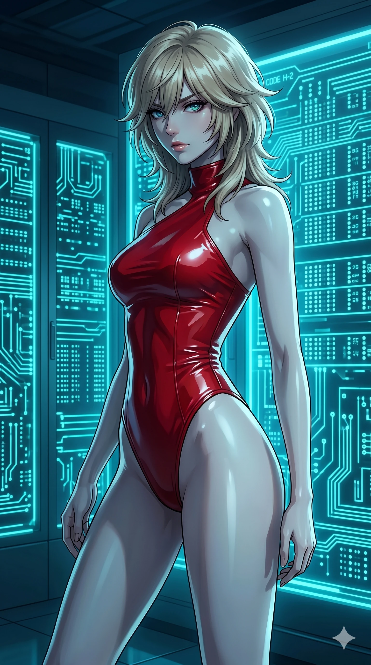score_9, masterpiece, best quality, ultra-detailed, high-budget anime keyframe, editorial fashion photography, tasteful artistic composition, Japanese woman. cowboy shot from the thighs up, character and outfit filling the frame for maximum editorial presence. glancing sidelong over her shoulder with a sharp, piercing, direct gaze with quiet intensity, her posture radiating mysterious and cool expression inside a high-tech server room with glowing cyan circuit walls (Scenario Code H-2). She has an absolutely perfect 8-heads proportion, an exceptionally tall and slender female figure with impossibly long slender legs and an ultra-slim waist. V-shaped jawline, high-bridge nose, intricate jewel-like eyes with depth, thick eyelashes, glossy lips with a natural sheen. wearing an high-cut sleek red vinyl fitted unitard with a asymmetric collar line. bathed in a cold silver moonlight creating deep, dramatic shadows on her figure. 2k, ultra detail, master piece, 9:16 ratio
