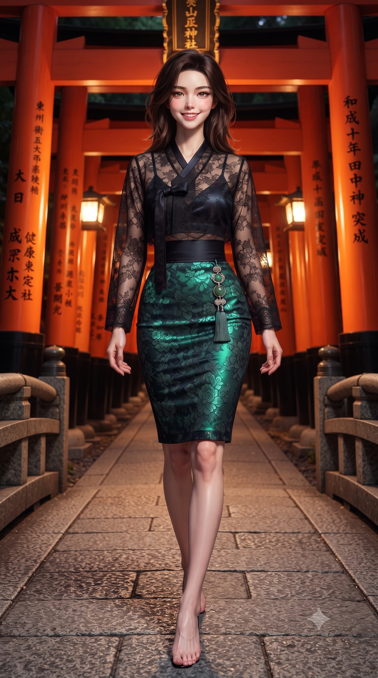 score_9, masterpiece, best quality, ultra-detailed, high-budget anime keyframe, editorial fashion photography, tasteful artistic composition, Korean woman. low angle full-body shot from head to toe showing her feet, filling the entire 9:16 vertical frame with her statuesque presence, stretching her vertical silhouette. stepping forward gracefully across the stone bridge in mid-motion with a radiant beaming smile, hips swaying in an alluring kinetic rhythm that accentuates her curvy hourglass silhouette and long slender legs while pausing beneath an illuminated mountain shrine archway, her statuesque presence commanding the sacred vermilion tunnel. The surrounding environment is rendered in vivid detail and crisp panoramic clarity: sharp lacquered wood pillar grain, painted black kanji calligraphy, and stone pathway clarity in deep focus. She has an absolutely perfect, statuesque 8.5-heads proportion, an exceptionally tall and slender model-like female figure with impossibly long slender legs, an ultra-slim waist, a flat toned midriff, narrow delicate ribcage, and beautifully sculpted feminine hips creating a graceful, slim hourglass silhouette without any bulky heaviness. sharp v-shaped jawline, high-bridge nose, intricate jewel-like dark sparkling almond eyes with depth, thick lashes, glossy parted lips with a natural rose-plum sheen, bright alluring and coquettish smile with bedroom-eyes, exuding both timeless oriental elegance and sovereign high-fashion allure, flawlessly proportioned anatomical accuracy, strict slender model proportions, natural body alignment, perfectly sculpted long slender limbs, ultra-slim waistline, clean dynamic posture without body distortion. wearing a sheer black lace jeogori worn over an opaque dark silk bralette with an ultra-fitted high-waisted pencil skirt in deep midnight obsidian and luminous imperial jade green, woven from delicate semi-opaque floral lace with oriental peony patterns, finished with an ornate modern norigae tassel with polished jade and chrome charms resting on her curvy hips, the form-fitting tailored bodice adhering flawlessly to her sculpted flat midriff and slender torso, emphasizing her long leg lines and perfectly proportioned willowy build. bathed in radiant vermilion and warm lantern illumination echoing endlessly down the wooden tunnel. ultra-reflective glossy finish, specular highlights, rich textural contrasts, high-contrast stereoscopic depth, volumetric dynamic lighting, 2k, ultra detail, master piece, 9:16 ratio