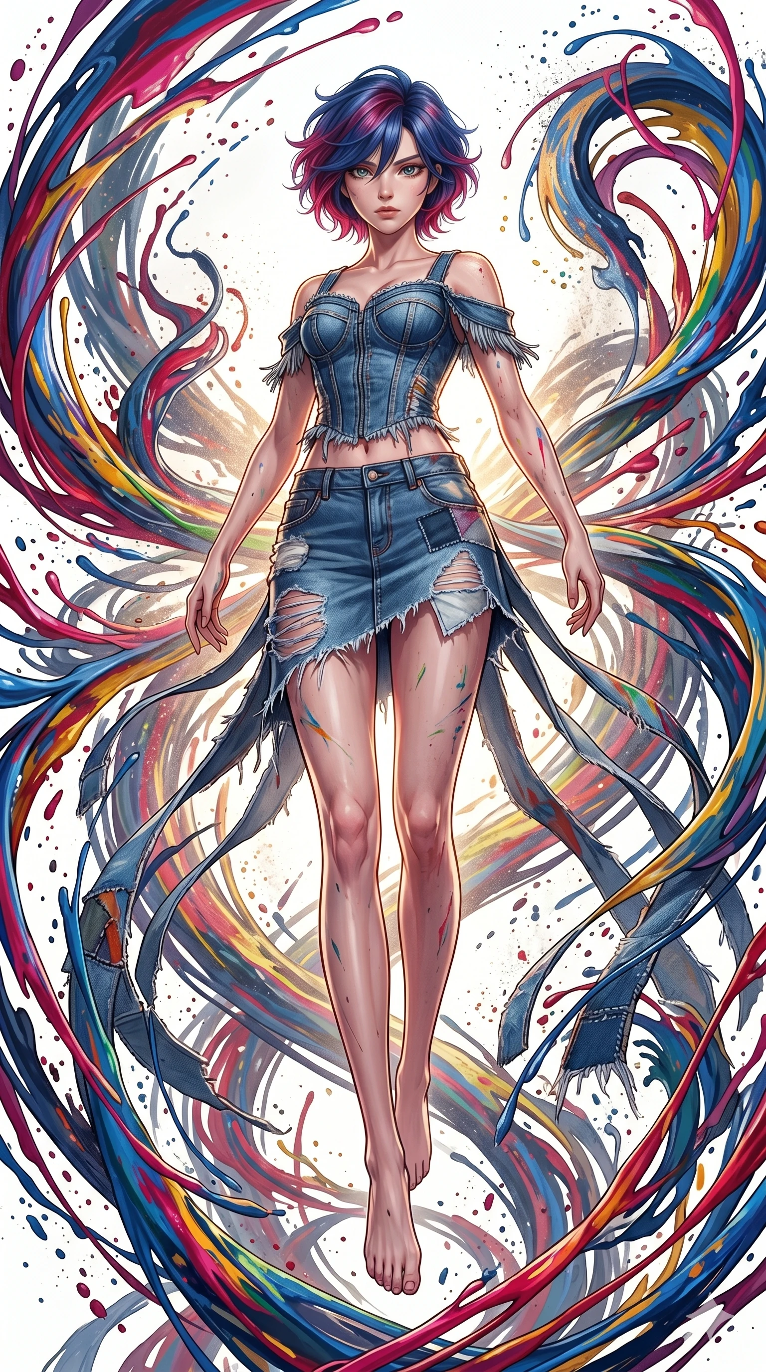 score_9, masterpiece, best quality, ultra-detailed, high-budget anime keyframe, Korean woman. low angle full-body shot filling the entire 9:16 frame with her statuesque presence, stretching the vertical silhouette. leaping into a vorticist paint splatter dimension where thousands of vivid acrylic paint ribbons and splatters swirl around her in a white gallery void. She has an absolutely perfect 8-heads proportion, an exceptionally tall and slender female figure with impossibly long slender legs and an ultra-slim waist. V-shaped jawline, high-bridge nose, intricate jewel-like eyes with depth, thick eyelashes, glossy lips with a natural sheen.. wearing a deconstructed denim corset and an asymmetric ripped denim micro-skirt, showcasing a rugged yet chic off-shoulder style. illuminated by dramatic chiaroscuro casting soft shadows along her curves, with vibrant backlighting highlighting the dust particles. 2k, ultra detail, master piece, 9:16 ratio