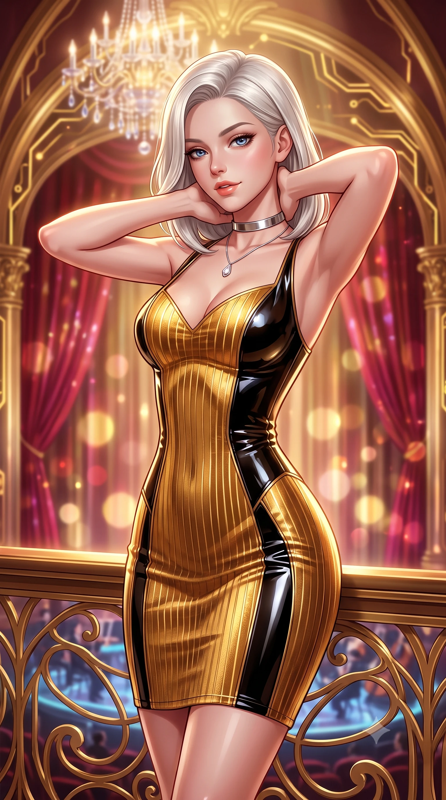 score_9, masterpiece, best quality, ultra-detailed, high-budget anime keyframe, semi-realistic 3D game render, editorial fashion photography, tasteful artistic composition, Caucasian woman. close-up cowboy shot from the waist and thighs up, the character dominates the composition, filling the frame with her large presence. resting both hands lightly behind her neck with elbows raised, arching her spine to highlight her narrow waist, flat midriff, and breathtaking collarbones while leaning against the gold-filigree cybernetic opera box balustrade with hips cocked back, gazing down at the holographic orchestra pit with smoldering bedroom-eyes. The background shows a soft-focus levitating crystal plasma chandelier, soaring gilded baroque arches interlaced with pulsing gold circuits, and holographic crimson curtains blurred into ruby, gold, and champagne bokeh. She has an exceptionally elegant, slender, and willowy female figure with an ultra-slim waist, flat toned midriff, narrow ribcage, and sculpted feminine hips creating an alluring, slim hourglass silhouette without bulk. sharp v-shaped jawline, high-bridge nose, intricate jewel-like sparkling eyes with depth, thick eyelashes, glossy parted lips with a natural peach sheen, bright cheerful beaming smile with an enchanting and coquettish sensual glint, exuding both youthful cute charm and seductive allure, flawlessly proportioned anatomical accuracy, strict slender model proportions, natural body alignment, perfectly sculpted long slender limbs, ultra-slim waistline, clean dynamic posture without body distortion. wearing a tailored velvet bodycon dress with metallic fiber pinstripes following her statuesque 8.5-heads silhouette in solar-flare gold and interstellar onyx, tailored from high-gloss patent leather with mirror-like specular highlights, finished with a minimalist chrome choker and a single teardrop diamond pendant, the liquid-tight tailored fabric clinging flawlessly to her narrow waist and rounded feminine hips, emphasizing every millimeter of her sculpted slim hourglass curves without any bulky heaviness. bathed in warm 2600K golden spotlight radiance combined with ruby and amber holographic curtain glow. highly saturated vibrant anime colors, detailed shading with soft gradients, rich glossy textures, high-contrast stereoscopic depth, volumetric dynamic lighting, master piece, 9:16 ratio