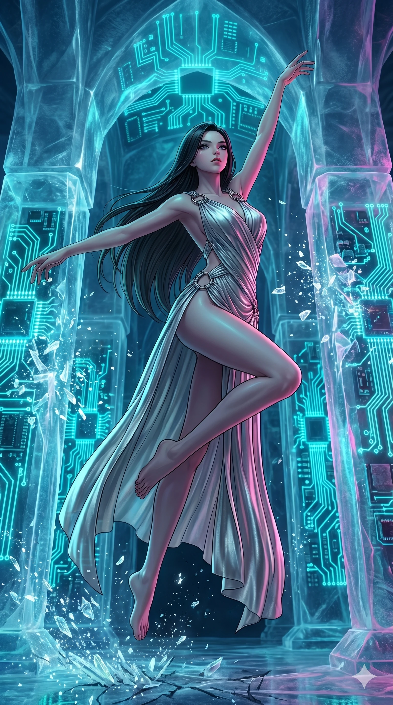 score_9, masterpiece, best quality, ultra-detailed, high-budget anime keyframe, Caucasian woman, strictly human ears. low angle full-body shot filling the entire 9:16 frame with her statuesque presence, stretching the vertical silhouette. leaping inside a sub-zero cybernetic ice temple, where glowing neon cyan computer circuit boards are frozen within transparent ice pillars, fracturing ice crystals into sparkles around her. She has an absolutely perfect 8-heads proportion, an exceptionally tall and slender female figure with impossibly long slender legs and an ultra-slim waist. V-shaped jawline, high-bridge nose, intricate jewel-like eyes with depth, thick eyelashes, glossy lips with a natural sheen.. wearing a draped Grecian cyber-gown, featuring draped silver metallic chiffon held by metal ring hardware, displaying a high-leg line. accented by dynamic color-blocked lighting with high-contrast shadows emphasizing her statuesque height. 2k, ultra detail, master piece, 9:16 ratio
