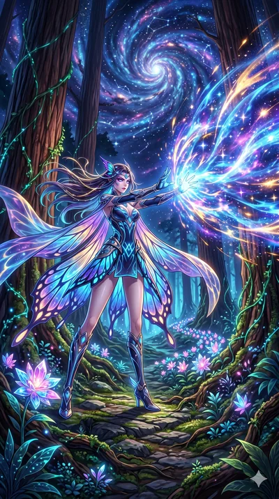 score_9, masterpiece, best quality, ultra-detailed, Set A: High-budget Anime Keyframe, Caucasian (human ears) woman. Low angle cowboy shot filling the entire 9:16 frame with her statuesque presence. Theme: Primal Nature. unleashing a massive energy w