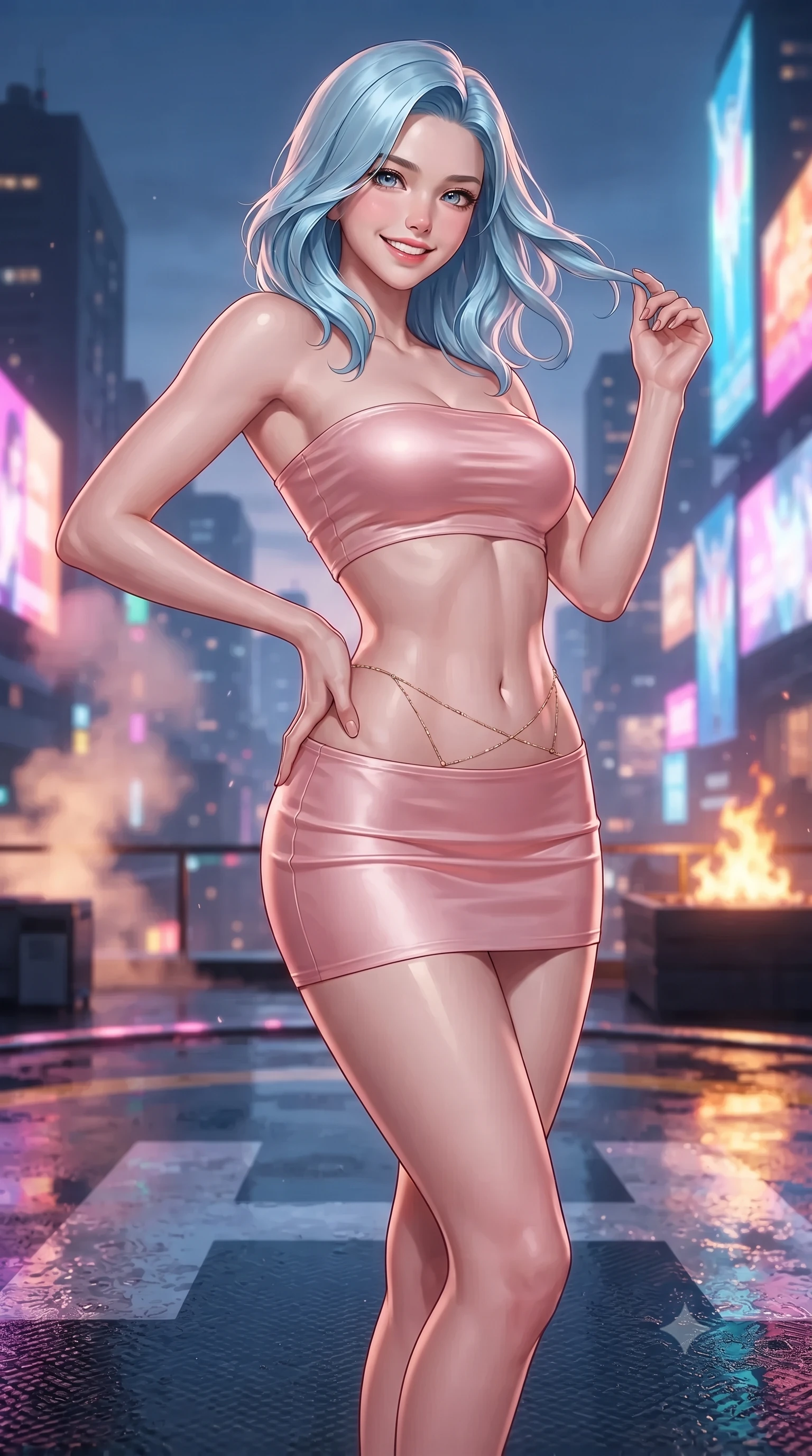 score_9, masterpiece, best quality, ultra-detailed, high-budget anime keyframe, editorial fashion photography, tasteful artistic composition, Korean woman. close-up cowboy shot from the waist and thighs up, the character dominates the composition, filling the frame with her large presence. twisting her slender torso in an alluring contrapposto stance, one hand resting on her sculpted hip while her fingers toy with her hair with effortless poise while standing poised on the wet carbon-fiber helipad high above Roppongi's holographic canyon, arching her back with high-fashion supermodel confidence as warm urban exhaust winds blow. The background shows a soft-focus wisps of rooftop exhaust steam softened in ultra-luxury cyberpunk penthouse shallow focus. She has an exceptionally elegant, slender, and willowy female figure with an ultra-slim waist, flat toned midriff, narrow ribcage, and sculpted feminine hips creating an alluring, slim hourglass silhouette without bulk. sharp v-shaped jawline, high-bridge nose, intricate jewel-like sparkling eyes with depth, thick eyelashes, glossy parted lips with a natural peach sheen, bright cheerful beaming smile with an enchanting and coquettish sensual glint, exuding both youthful cute charm and seductive allure, flawlessly proportioned anatomical accuracy, strict slender model proportions, natural body alignment, perfectly sculpted long slender limbs, ultra-slim waistline, clean dynamic posture without body distortion. wearing an ultra-cropped tech-wear bandeau top paired with a micro mini skirt revealing her flat toned midriff in Solaris liquid rose-quartz and alien peach, crafted from fluid liquid silk satin that clings smoothly to her narrow waist and rounded hips with a dewy sheen, accented with a dainty gold belly chain resting across her flat midriff and curving hips, the glove-like clinging cut tightly following the natural contour of her hips and long slender legs with youthful 8.5-heads elegance. bathed in the dynamic multi-colored ambient glow of mammoth holographic billboards contrasted with warm fire pit flames. ultra-reflective glossy finish, specular highlights, rich textural contrasts, high-contrast stereoscopic depth, volumetric dynamic lighting, 2k, ultra detail, master piece, 9:16 ratio