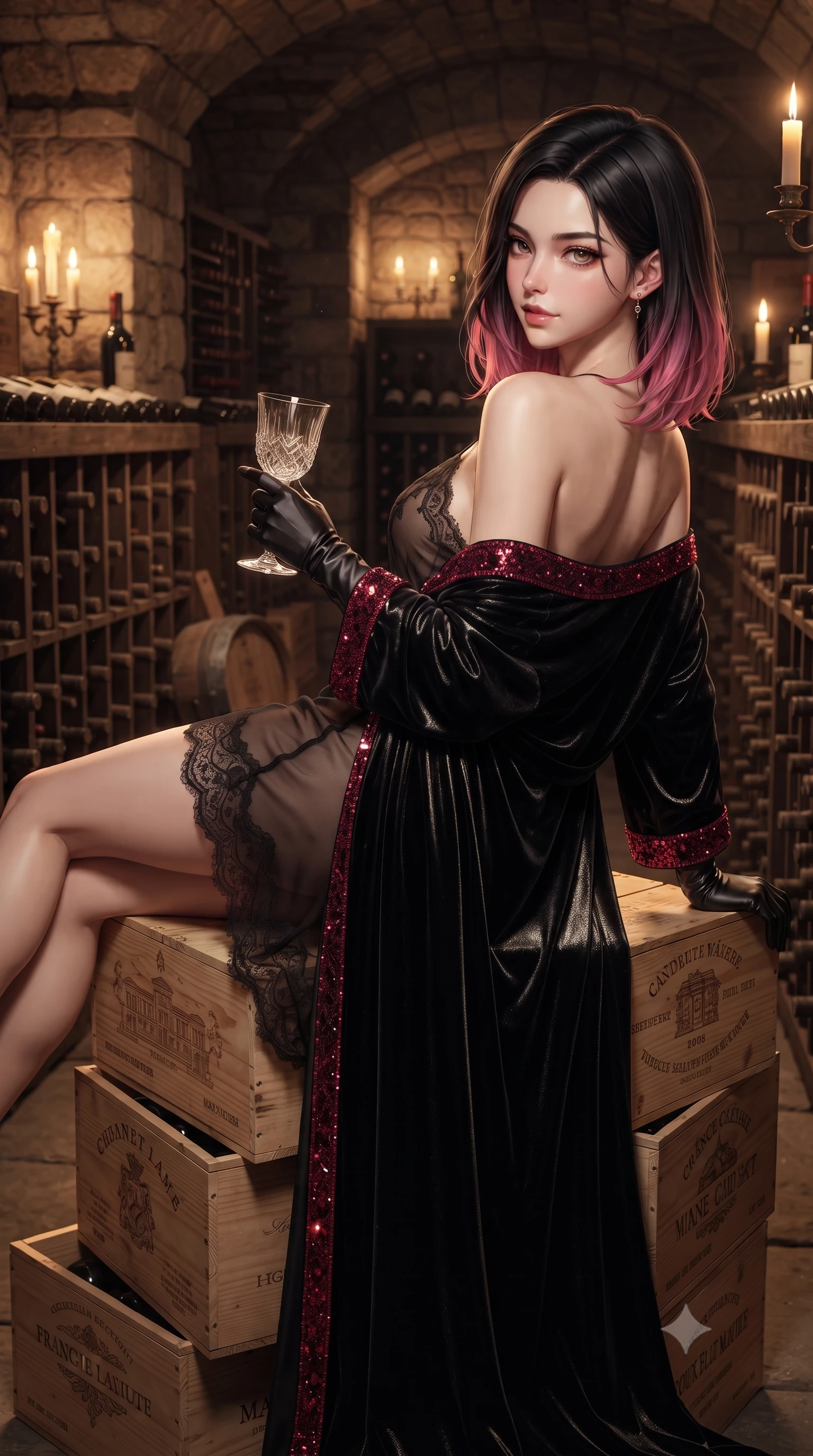 score_9, masterpiece, best quality, ultra-detailed, high-budget anime keyframe, editorial fashion photography, tasteful artistic composition, Korean woman. close-up cowboy shot from the waist and thighs up, the character dominates the composition, filling the frame with her large presence. turning over a bare shoulder with an intoxicating, teasing smile, her soft hair framing her sharp jawline as her hips angle gracefully while reclining languidly atop stacked antique wine crates propped on one elbow, her curvy hips and long slender legs creating a breathtaking line in the candlelit cellar. The surrounding environment is rendered in vivid detail and crisp panoramic clarity. rich high-contrast French château chiaroscuro and decadent underground winery aesthetics rendered with precision. She has an exceptionally elegant, slender, and willowy female figure with an ultra-slim waist, a gracefully sculpted slender torso, toned flat midriff, and rounded feminine hips creating an alluring hourglass silhouette. sharp v-shaped jawline, high-bridge nose, intricate jewel-like eyes with depth, thick eyelashes, glossy parted lips with a natural sheen, intensely captivating and seductive bedroom-eyes expression, flawlessly proportioned anatomical accuracy, strict slender model proportions, natural body alignment, perfectly sculpted long slender limbs, ultra-slim waistline, clean dynamic posture without body distortion. wearing a sheer vintage lace-trimmed slip dress layered under a sweeping silk velvet robe with high leg cut in high-contrast black velvet and ruby crystal trim, crafted from luxurious metallic lamé that shifts radiance with every step, accessorized with opera-length black satin gloves and a vintage crystal wine goblet, the form-contouring material adhering flawlessly to her sculpted flat midriff and slender torso, emphasizing her long leg lines and perfectly proportioned willowy build. illuminated by rich specular rim lights defining her razor-sharp jawline, narrow waist, and curvy hips. ultra-reflective glossy finish, specular highlights, rich textural contrasts, high-contrast stereoscopic depth, volumetric dynamic lighting, 2k, ultra detail, master piece, 9:16 ratio